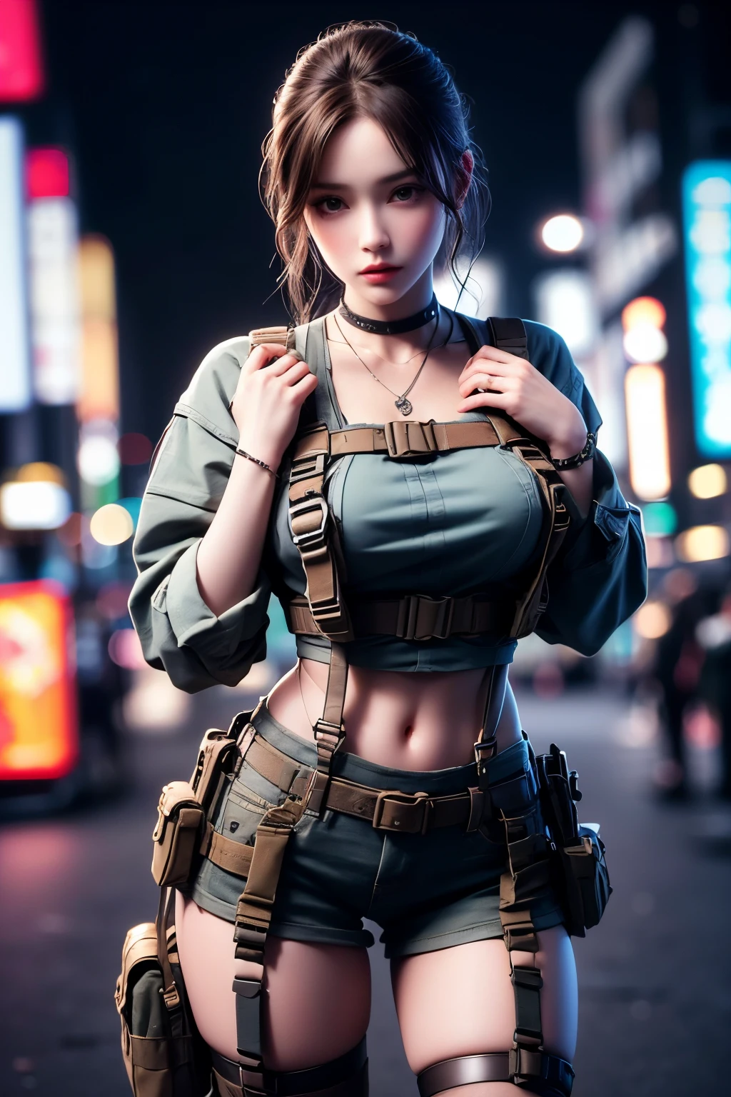 masterpiece, ultra-fine photos, top-quality, Photorealistic, sharp focus, brunette hair, watching at viewers, standing, leather suspenders, flannel skirt, flannel shirt, garter belt, Gaze, knee high socks, holster, Beautiful Women, Hands up. Leather boots, flank, put your hands behind your back, TOKYO of cyberpunk, 2080s, night scene, Beautiful Neon Lights, street, vibrant colors, feminine yet authoritative, attention to facial features and makeup, depth of field, A scene from a movie, cinematic lighting, cinematic shadows