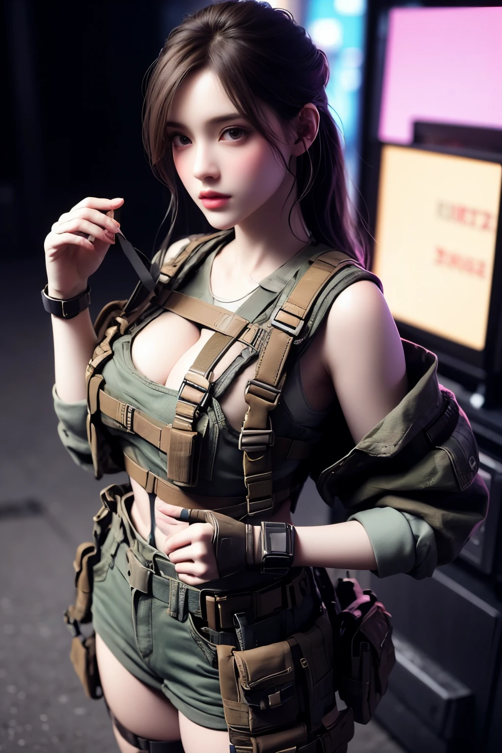 ((​masterpiece、top-quality、realisitic、ultra-detailliert、hight resolution、Photorealsitic、foco nítido))、Stunning portrait of a beautiful woman、bustshot、Focus from the waist up、a matural female、big eye、A detailed eye、A dark-haired、Cropped Shorthair、Army camouflage uniform、Camouflage Tactical Vest、Long trousers with camouflage pattern、Combat gloves、rucksack、Black Military Undershirt、Tanks on the background、White smoke、Detailed hand depiction