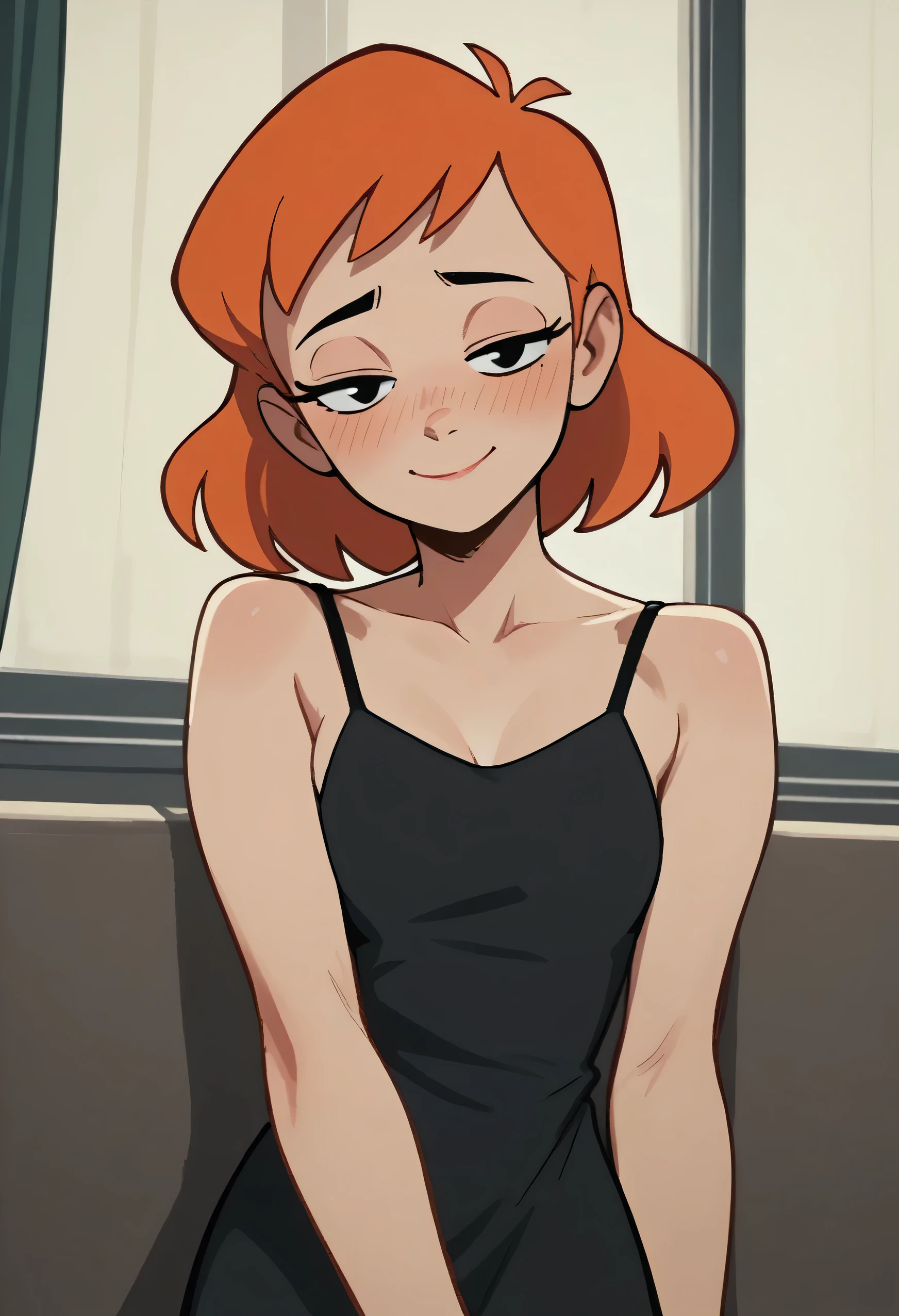 Jenny, 1girl, solo, blush, orange medium hair,  medium breasts, a black Spaghetti strap dress, a sleeveless black dress, smile, closed mouth, black eyes, narrowed eyes, looking at viewer, indoors, human skin