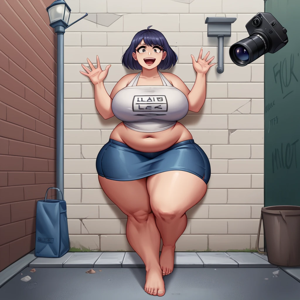 Masterpiece, La mejor calidad, Super detail, 4k, 1 girl, younger, (chubby female, casual outfit, short skirt:1.1), chubby flat stomach, giant breasts, barefoot, Extremely wide hips:2.0, huge thighs:2.0, massive calves, Expression of mockery, awakened, in an alley, (extending one raised foot prominently towards the camera, grabbing his ass, against the wall, open eyes, in front of me, very well defined eyes (High Priority), very well defined students(High Priority)),(Extremely magnified view of a single foot, Sole of the foot very close to the camera, sole of foot looking at camera, The sole of the foot fills half of the image, extremely large foot on the frame, foot taking pov), image in anime style, add detail,open mouth, 