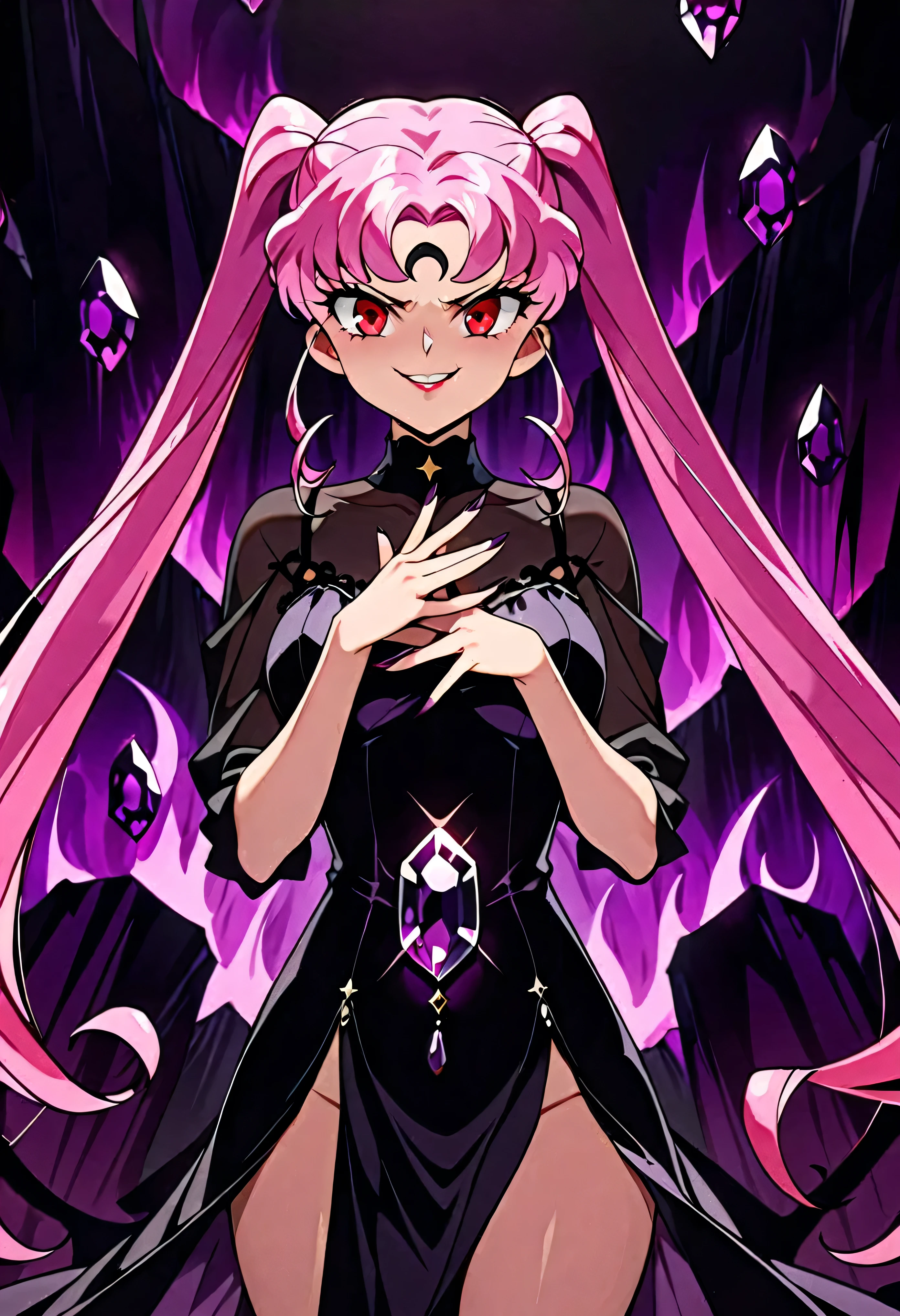 black lady, Pink Hair, Red eyes, Black background, Black crescent moon mark on forehead, very evil smirk,beautiful body,beautiful hands,beautiful fingers,shaded face(eyes in  shadow),((masterpiece,best quality)), absurd,black dress,Exposing Malice,crazy,Dark aura and giant amethyst background,twintail,Alone,1girl