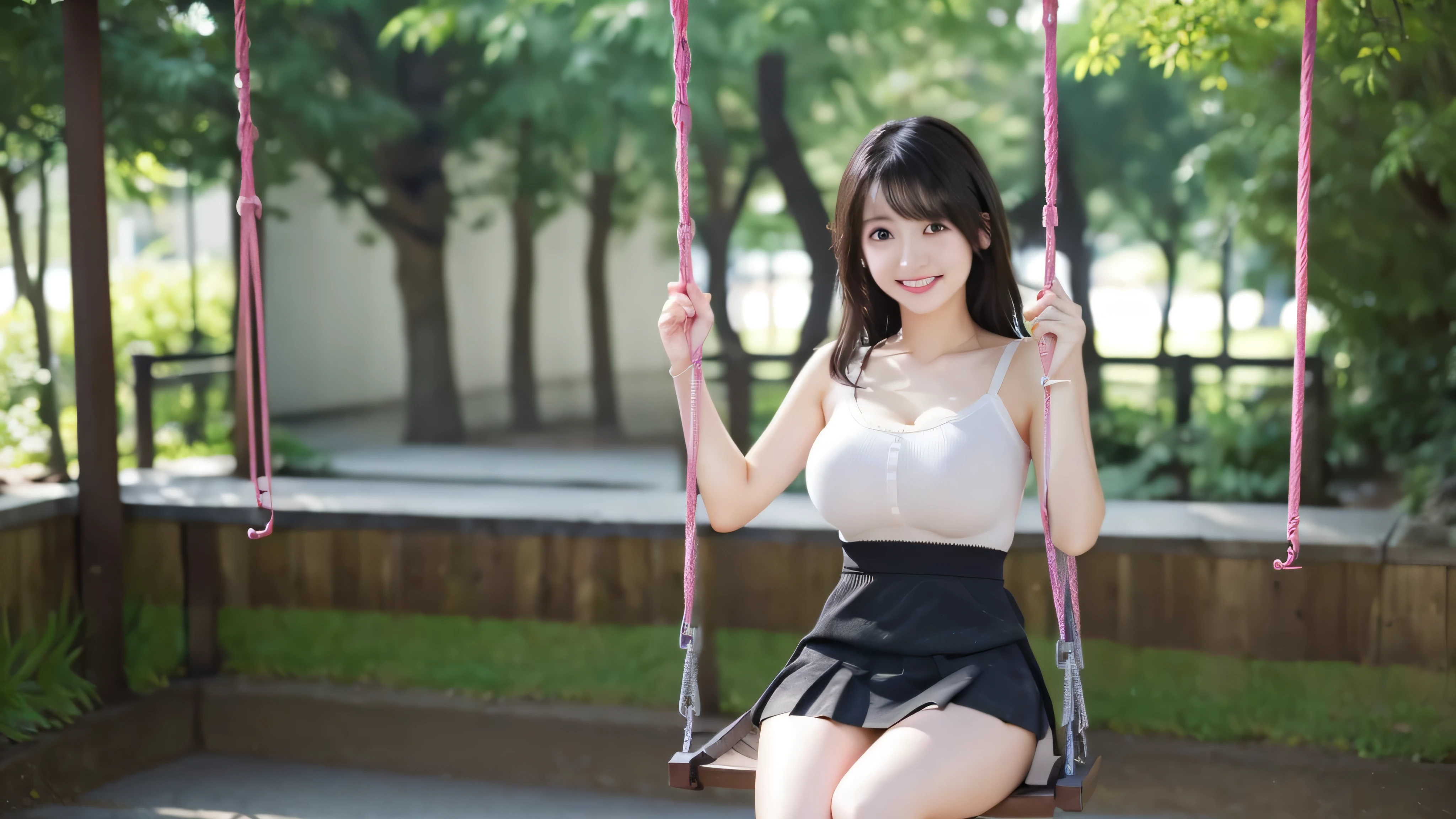 1girl playing on swings,wearing top and skirts,big boobs, cleavage, (characters play),((swinging on park)),high resolution, higly detailed,(perfect eyes), (perfect fingers),looking to camera, smiling,full body portrait