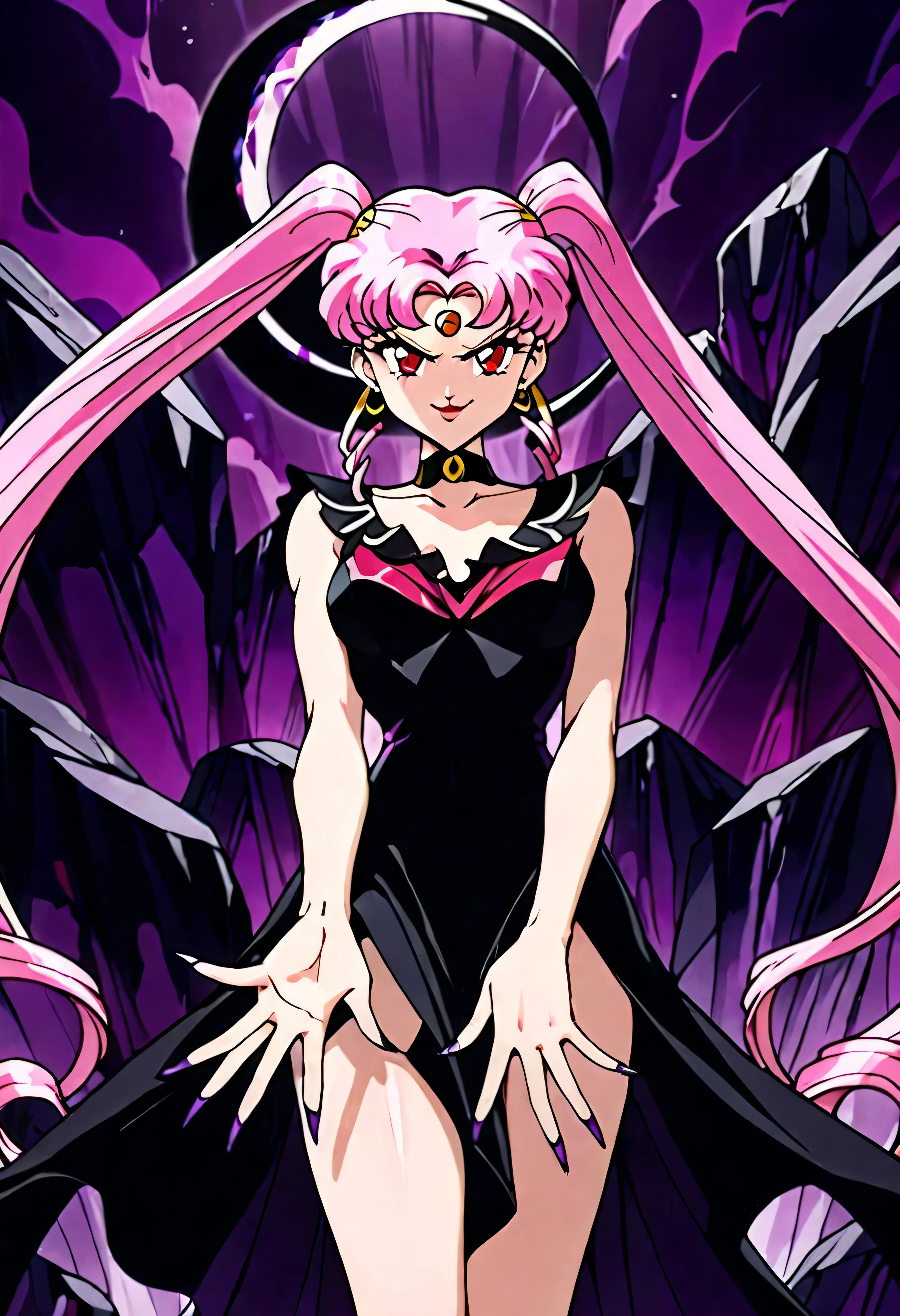 Wicked Lady from Sailor Moon, Pink Hair, Red eyes, , Black crescent moon mark on forehead, evil smirk,beautiful body,beautiful hands,beautiful fingers,shaded face(eyes in  shadow),((masterpiece,best quality)), absurd,black dress,,black dress,Exposing Malice,crazy,Purple aura and giant amethyst background,twintail,Alone,1girl,five fingers,