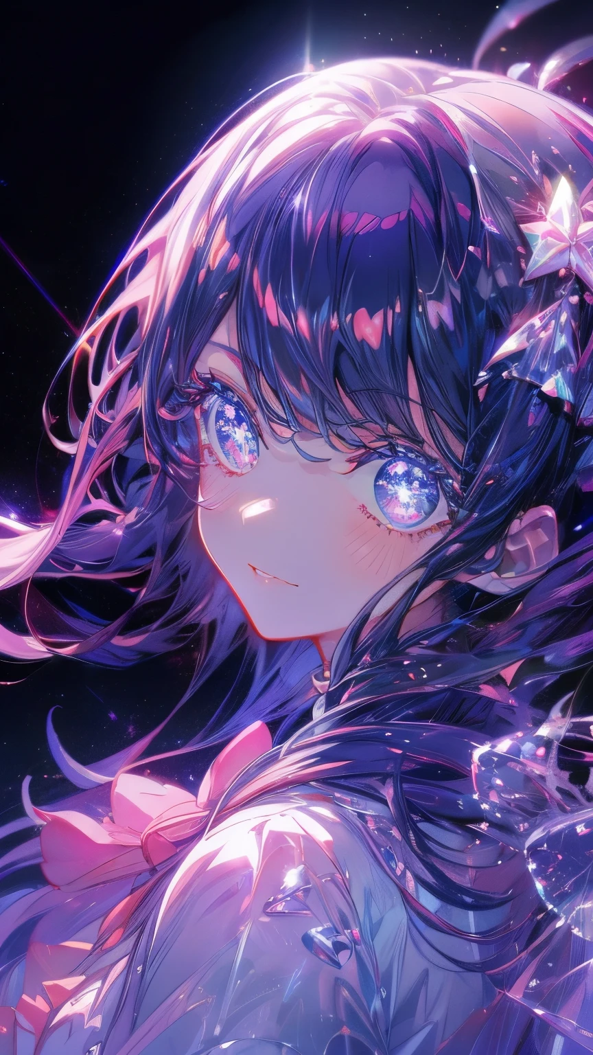 Shining like stars, innocent smiles in the night sky, watching over us, shining stars, smiling like angels, bringing us happiness, JK, high school girl, aura of an idol, eyes shining like stars, hair shining like amethyst,