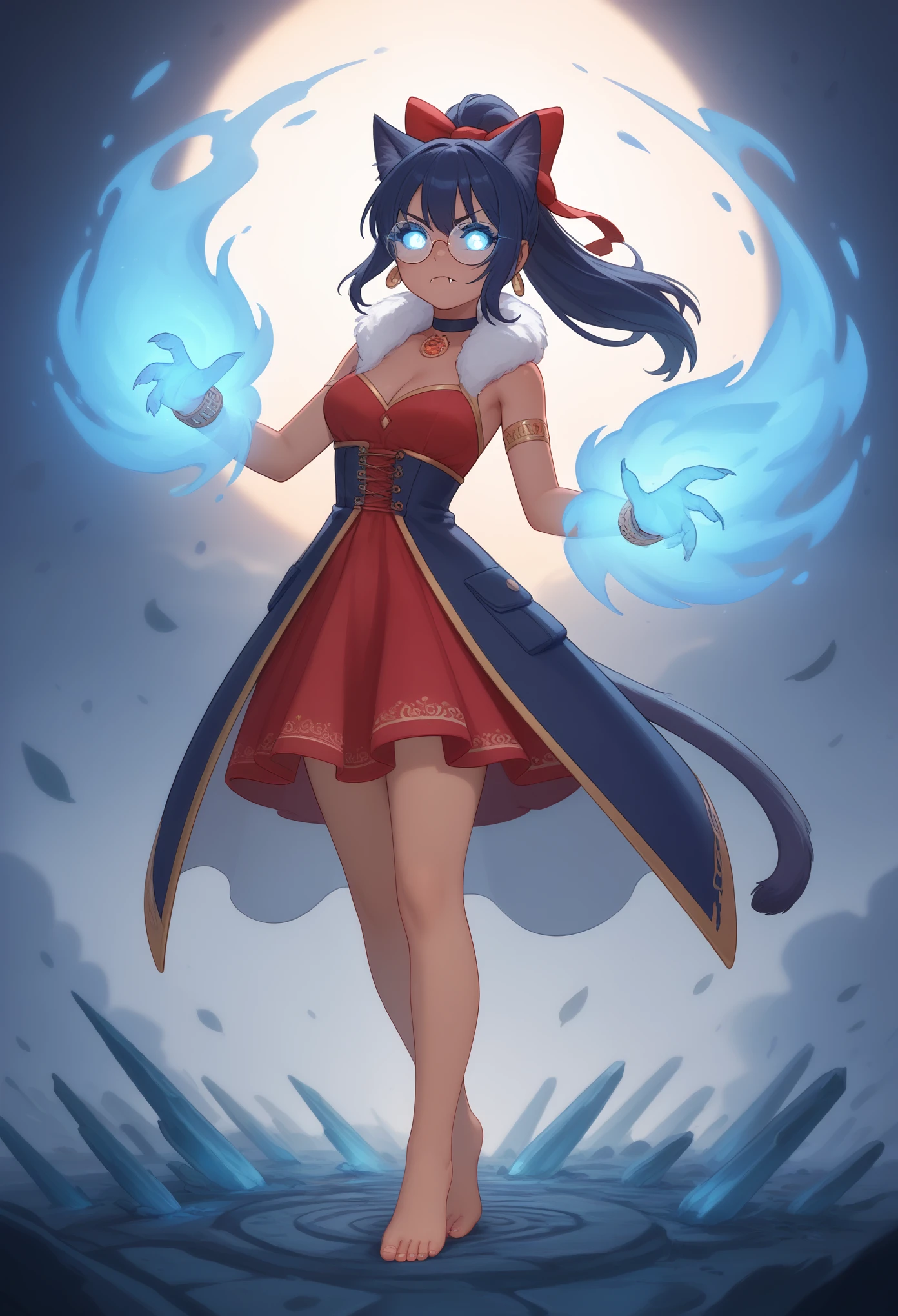 Magician with long (to the hip) black hair (red strand of hair), wears a blue robe with golden decorations, robe open, tight black top with pentagram embroidery, belly free, mini skirt (black), white overknee boots, stick she leans on, right hand in which an ice crystal sits, evil laugh, library, big breasts, strong butt, narrow face, black iris,