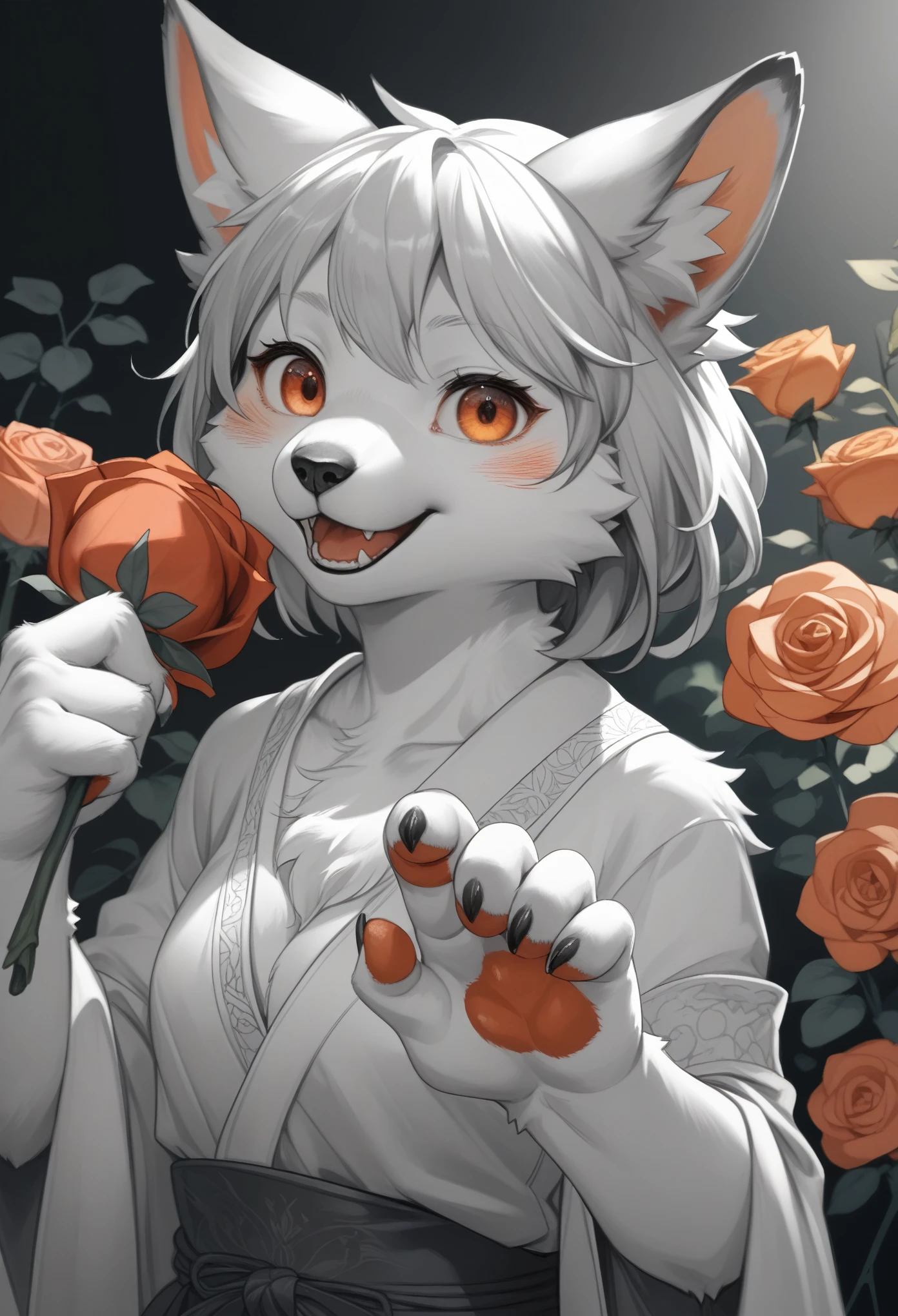 monochrome, watercolor, highres, top quality, best quality, paid reward available, High-quality illustrations, unparalleled masterpiece, perfect artwork, absurdres, 1girl, kemono, furry, detailed body fur, animal face, animal hand, Archaic Smile, holding a cluster of orange Rose in both hands, which are positioned at chest level, She is wearing a simple ring on the ring finger of her left hand, unfocused spread of orange rose, fan-created work shared on platforms Pixiv or ,