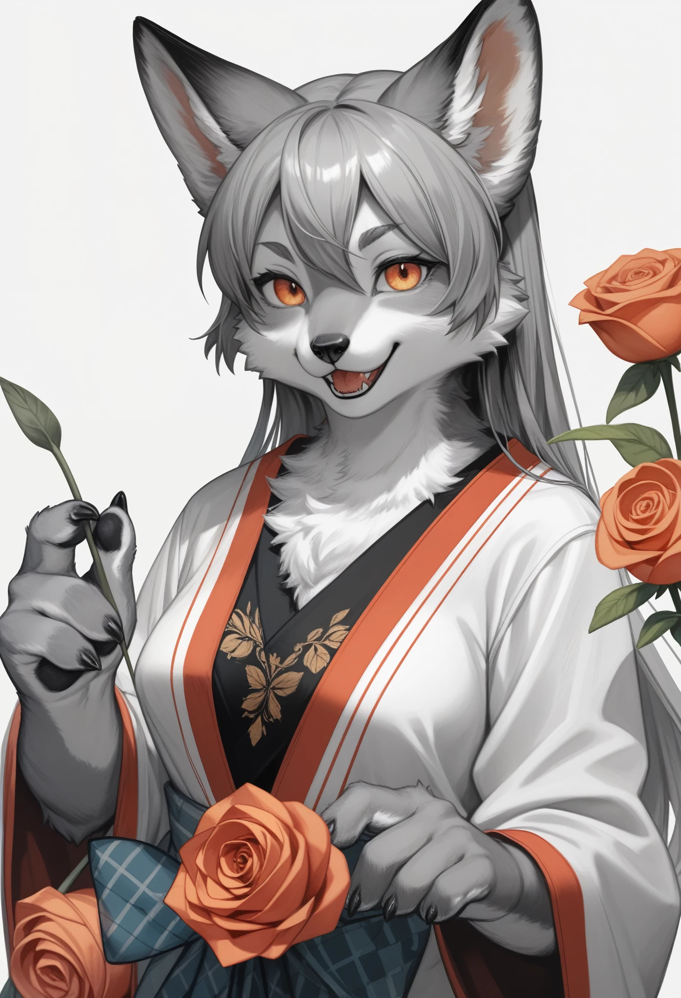 monochrome, watercolor, highres, top quality, best quality, paid reward available, High-quality illustrations, unparalleled masterpiece, perfect artwork, absurdres, 1girl, kemono, furry, detailed body fur, animal face, animal hand, Archaic Smile, holding a cluster of orange Rose in both hands, which are positioned at chest level, She is wearing a simple ring on the ring finger of her left hand, unfocused spread of orange rose, fan-created work shared on platforms Pixiv or ,