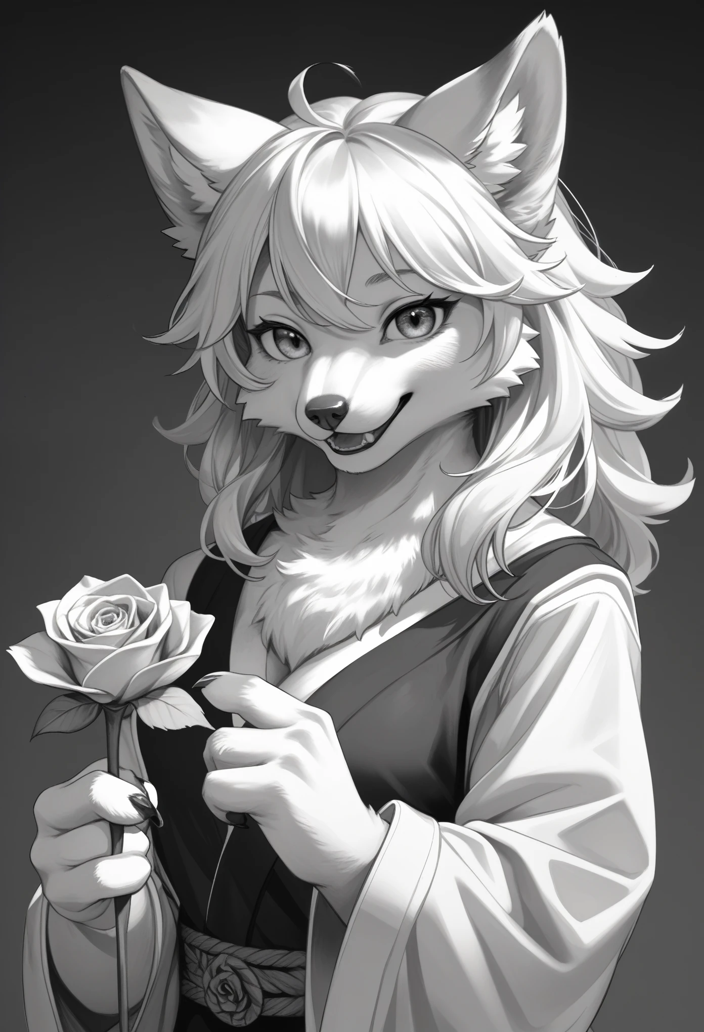 monochrome, watercolor, highres, top quality, best quality, paid reward available, High-quality illustrations, unparalleled masterpiece, perfect artwork, absurdres, 1girl, kemono, furry, detailed body fur, animal face, animal hand, Archaic Smile, holding a cluster of orange Rose in both hands, which are positioned at chest level, She is wearing a simple ring on the ring finger of her left hand, unfocused spread of orange rose, fan-created work shared on platforms Pixiv or ,