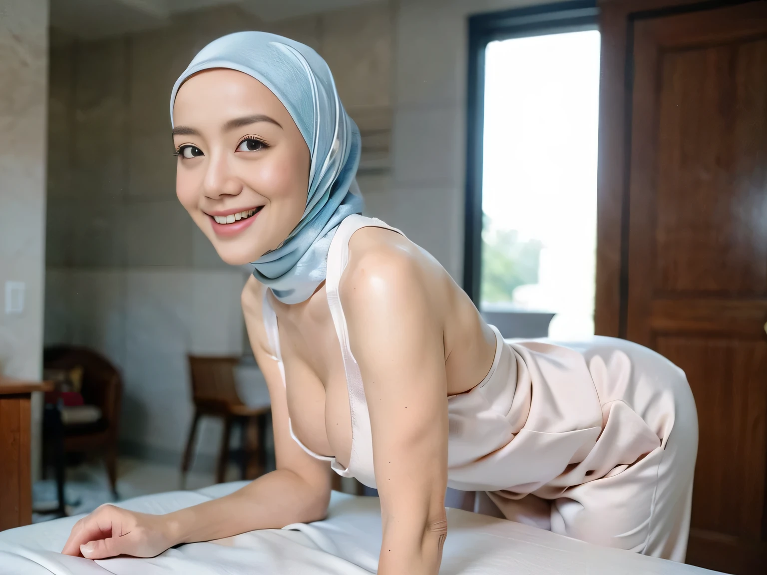 Malay girl in hijab, (naked), (realistic breast), portrait photography, cleavage, sexy, mid shot photo, ultra detail, professional photograph with professional lighting, horny, orgasm, light blue studio background, man and woman having sex in a bathroom, body press against the glass, (man standing behind woman), (1girl, 1boy), nsfw, (pov, bend over, on all four, pussy, doggystyle), (pussy, sex:1.3) , NFSW, (sex scene), view from front, facing camera, horny, orgasm, slim body, 18+,