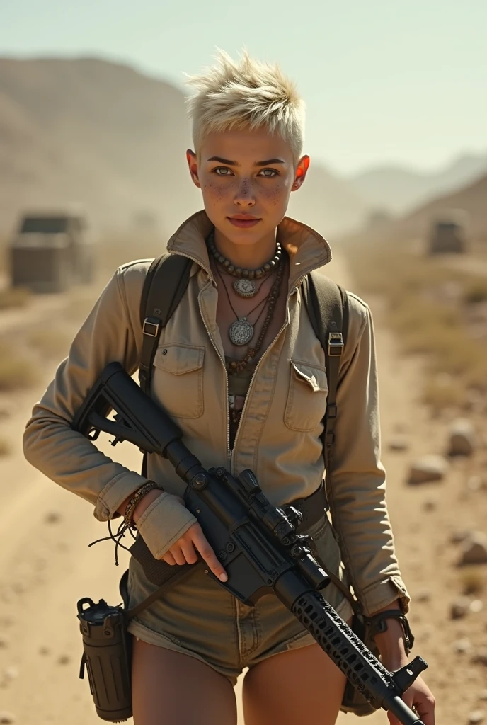 PLEASE fix image, remove, An androgynous female survivor in the wasteland riding a mad max type motorbike. Apocalyptic setting. Very short hair, freckles, Short manly haircut. brown hair with an undercut, very pale skin with freckles, Round soft face. Round soft chin. Round soft cheeks. Curved lips. Long wide nose. blue-grey eyes. ultra detailed eyes. Very thin, barely visible eyebrows. Slim, Long athletic legs. Friendly. Kind. Androgynous. Tomboyish. Wearing the used clothes of a wastelander, Background: An apocalyptic wasteland. Dusty and depressing