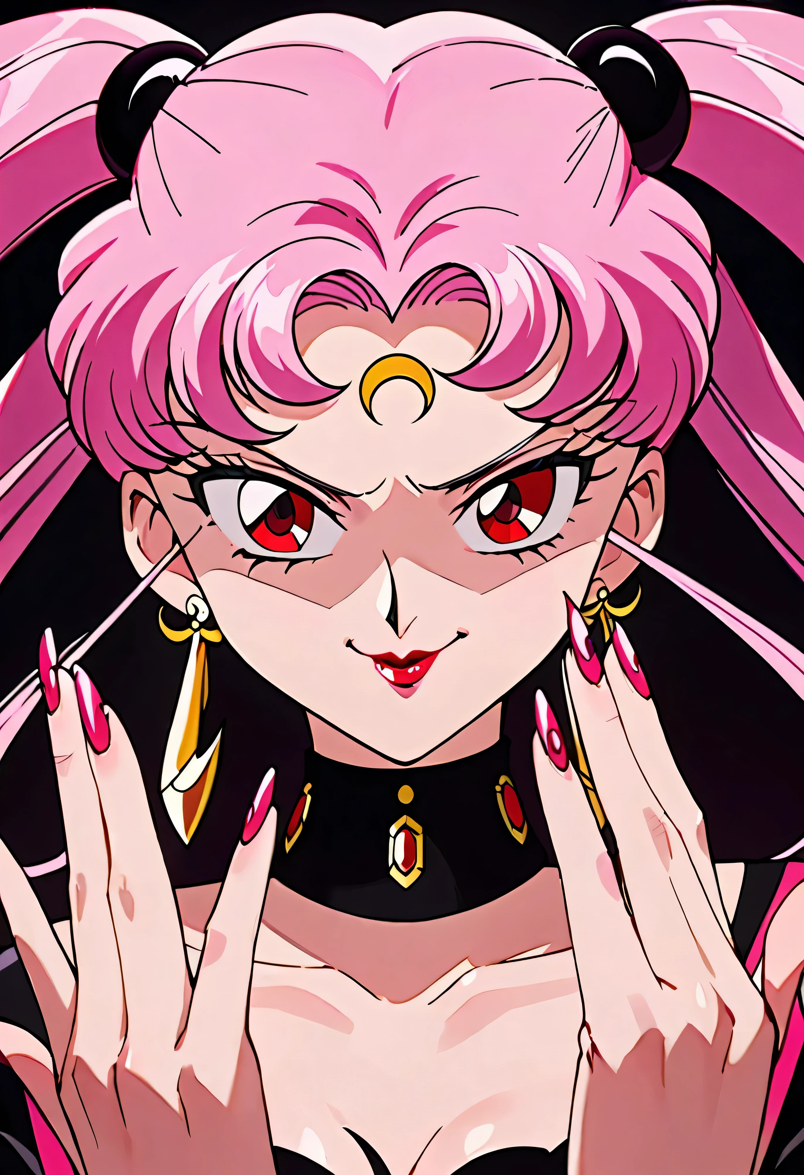 Wicked Lady from Sailor Moon, Pink Hair, Red eyes, Black background, Black crescent moon mark on forehead, evil smirk,beautiful body,beautiful hands,beautiful fingers,shaded face(eyes in  shadow),((masterpiece,best quality)), absurd,black dress,upper body,beautiful face,beautiful fingers,