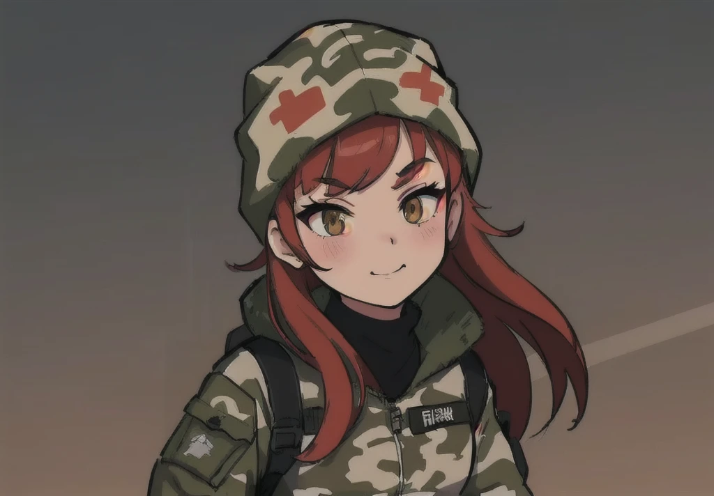 anime girl in camouflage jacket and balaclava with backpack and , soldier girl, infantry girl, marin kitagawa fanart, from girls frontline, mechanized soldier girl, portrait of soldier girl, portrait of cute soldier girl, girls frontline style, military girl, female protagonist 👀 :8, roguish smirk, painted in anime painter studio, yayoi kasuma