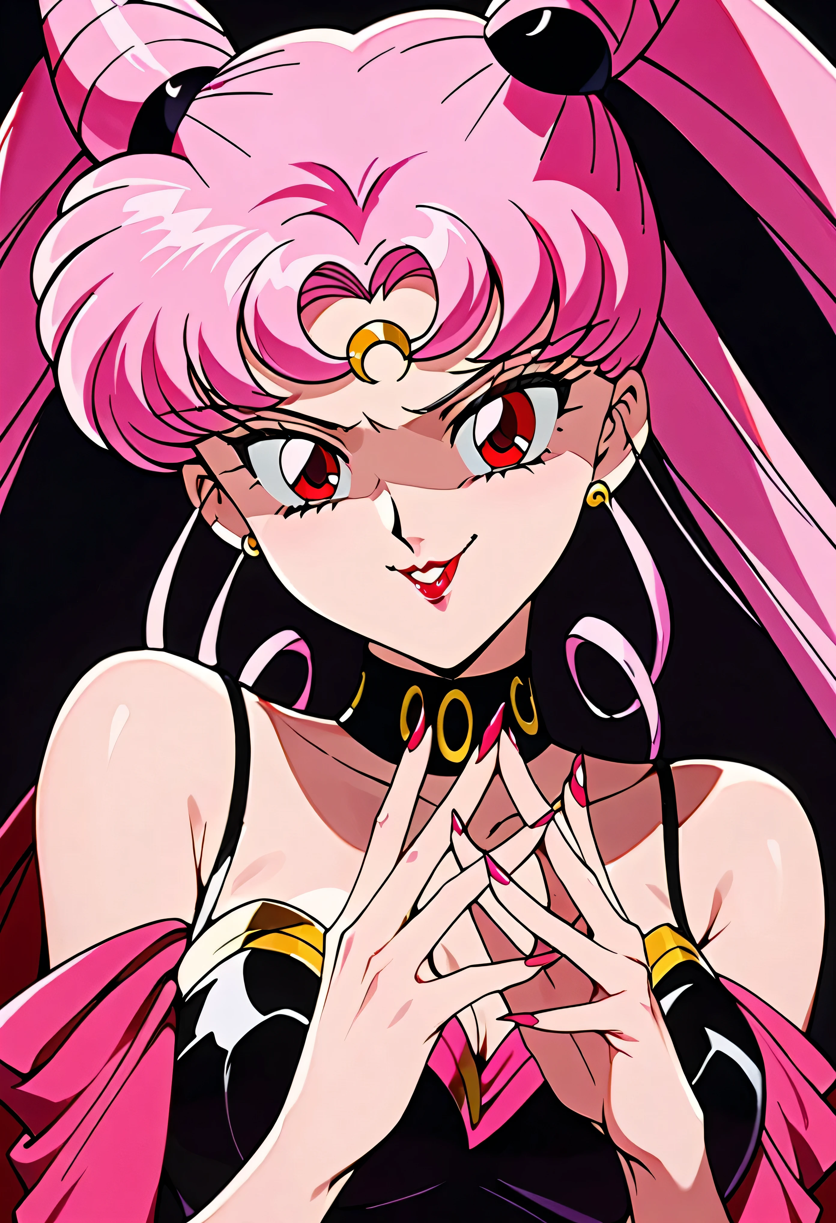 Wicked Lady from Sailor Moon, Pink Hair, Red eyes, Black background, Black crescent moon mark on forehead, evil smirk,beautiful body,beautiful hands,beautiful fingers,shaded face(eyes in  shadow),((masterpiece,best quality)), absurd,black dress,upper body,beautiful face,beautiful fingers,