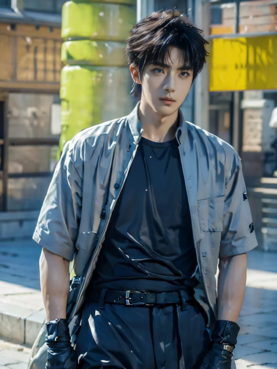 (masterpiece, realistic, absurdres:1.2), (photorealistic:1.5), RAW photo, high resolution, best quality, 8K,1boy, Noctis, ulzzang boy, chinese boy, very handsome, perfect face, intricate detail, Extremely detailed, professional photography, Bright colors, Clear focus, perfect hair, young man, (black see through shirt:1.2), muscular, slim muscular, (perfect hands, 5 fingers) , clear and beautiful detailed eyes, perfect eyes, Playful expression, abs, soft skin, detailed skin, detailed highlights and shadows, Excellent body proportions, Correct anatomy, looking at camera, male focus, black jacket, fingerless gloves, belt, black pants, boots, gentlesunlight, Cinematic Lighting, Warm colors, full-body shot, ornate futuristic castle background,