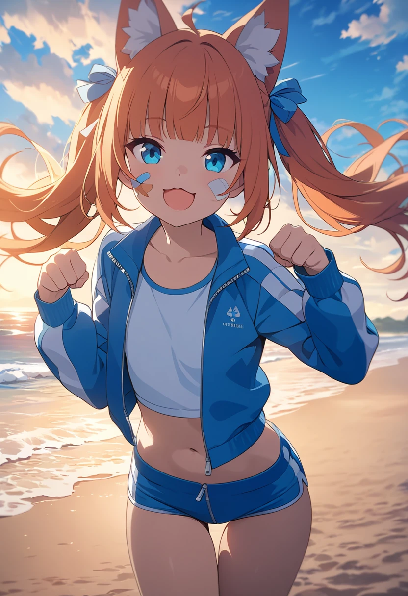 masterpiece,4k, best quality,top quality, official art,highest detailed,colorful,distinct_image,, blue theme,1girl,solo, twintails, orange hair, open mouth, smile, blunt bangs,cloudy sky,beach,sea,bandaid on face, open track jacket, track pants, micro shorts,thigh gap, portrait,crop top, navel, mesugaki,petite,fox ears,paw pose,:D,:3, cute , masterpiece, best quality, 1girl, solo, cinematic, soft lighting, shine skin , light skin , 8k