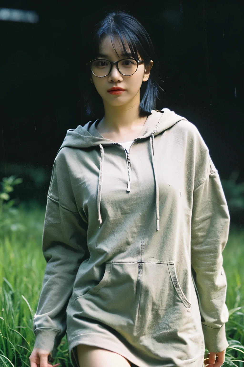 (Realistic) Realistic image (Asian woman), (Slim figure), (short hair), (White skin), (Dark Eyes), Wearing a navy blue hoodie, walking in heavy rain (Serious face), (Wear glasses), capture (Kodak color film style), Featured (Rough texture), Picturesque (Wide rice fields) In dramatic weather, Atmospheric, Vibrant colors, Natural light, Emotional atmosphere.