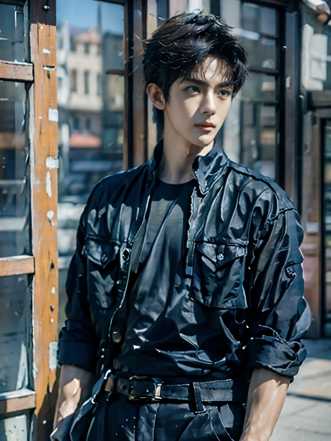 (masterpiece, realistic, absurdres:1.2), (photorealistic:1.5), RAW photo, high resolution, best quality, 8K,1boy, Noctis, ulzzang boy, chinese boy, very handsome, perfect face, intricate detail, Extremely detailed, professional photography, Bright colors, Clear focus, perfect hair, young man, (black see through shirt:1.2), muscular, slim muscular, (perfect hands, 5 fingers) , clear and beautiful detailed eyes, perfect eyes, Playful expression, abs, soft skin, detailed skin, detailed highlights and shadows, Excellent body proportions, Correct anatomy, looking at camera, male focus, black jacket, fingerless gloves, belt, black pants, boots, gentlesunlight, Cinematic Lighting, Warm colors, full-body shot, ornate futuristic castle background,