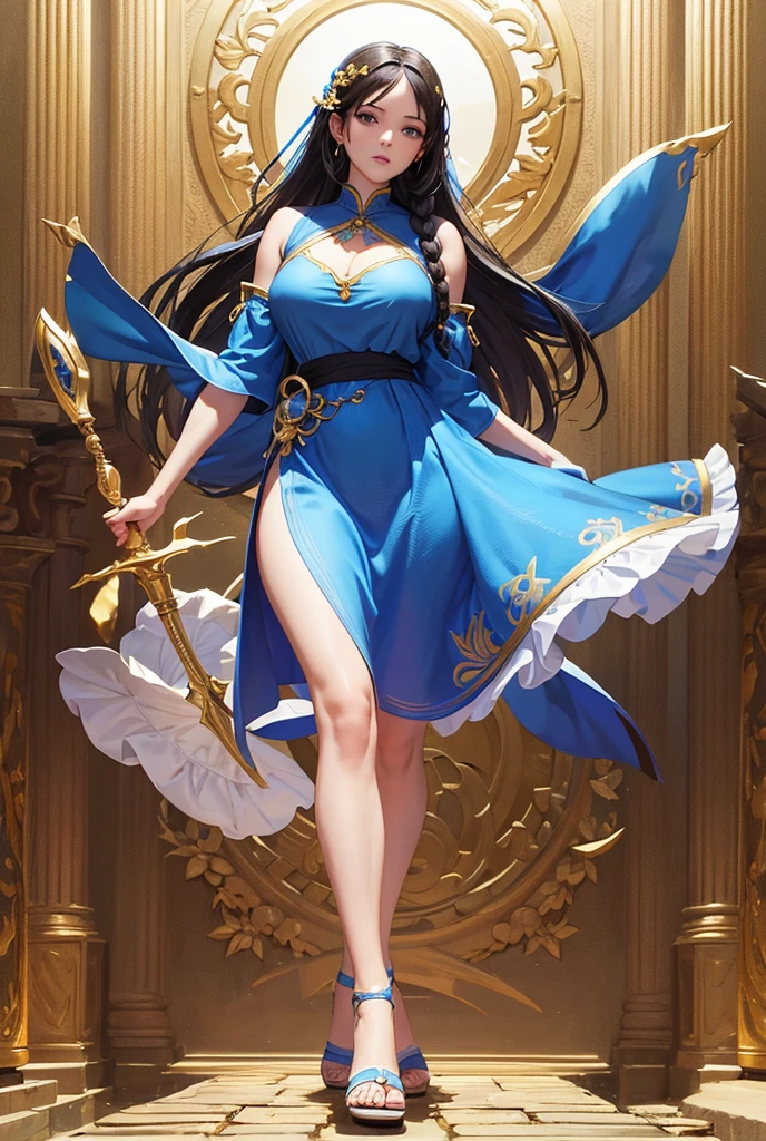 A girl of the royal sister type holds a scepter in the pure white hall like a queen，Light blue dress，White high heels --auto