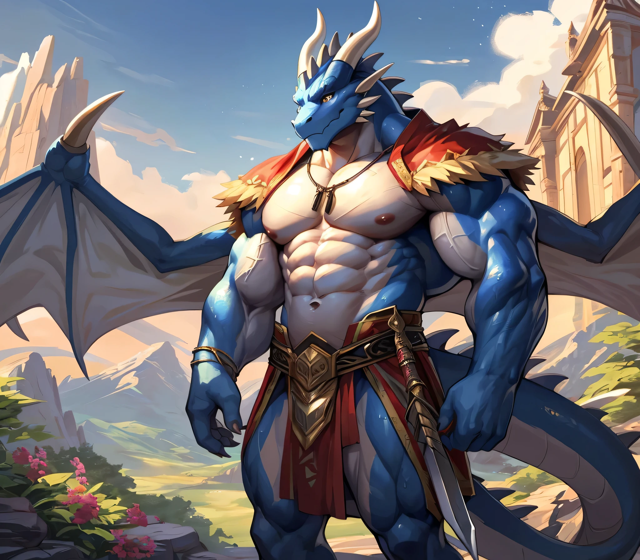 ((best quality)), ((masterpiece)), (ultra detailed),perfect face,(male antro dragon):2.5, male , ((( western dragon))):2.5, (strong beefy muscular body),((royal blue body)), (white belly), ((abs, strongmuscles, 8 pack)), furry, handsome,Beautiful and delicate eyes, exquisite eyes,(ultra detailed eyes, (golden):0.1 eyes, sharp eyes), night, detailed scene,full body, (artist: null-ghost,traver009, lindong, pino daeni), (full body), wearing random pattern necklace, claws, ((fluffy fur, fluffy, furry body)), majestic,pink nipples, (a pair of dragon antler), upper body naked, big fellow, muscular male, (wearing black kimono (open)), anime, big fellow, huge body, handsome,anime,(Great physique), (a pair of dragon wings),outside, day, mountain, mountains in the distance, arcane magic, sweat a bit, ornate cloth skirt; Arabian-style palace behind him with a beautiful garden, (a knight general), a sword place at the waist