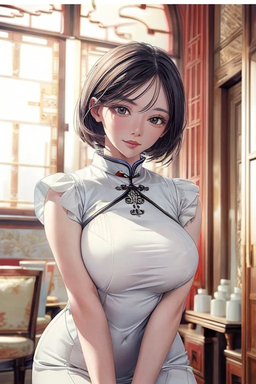 ((best quality)), ((masterpiece)), (detailed), perfect face,White cheongsam woman，Full body image