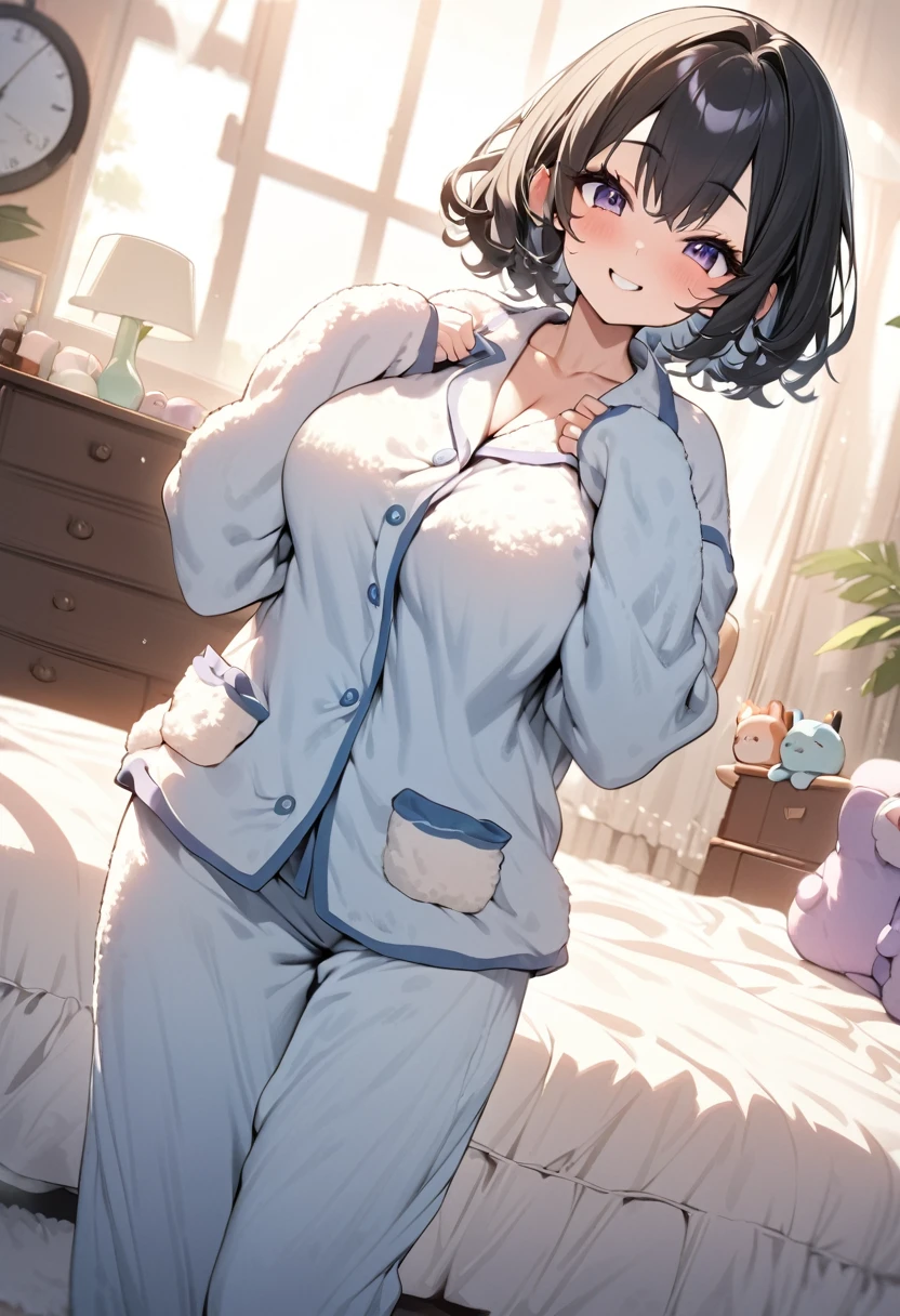 1girl, 独奏, medium breasts, dark skinned girl:1.2, ,(dark skin:1.8), black hair, short hair, pixie cut, wavy hair, (((open eyes))),  wake up yawn, open mouth, covering mouth, pijamas, (white pajamas), window, morning, looking at viewer, sitting, seiza, waking up, on bed, full body,  ((ultra detailed, masterpiece, best quality, 8K)),(Urine-stained futon,Pee-stained futon,Steam from crotch,Hospital room,Urine vapor),((Open your eyes)),huge breasts,((片Open your eyes,Open only one eye,Surprised face)),cheek,(6yo)