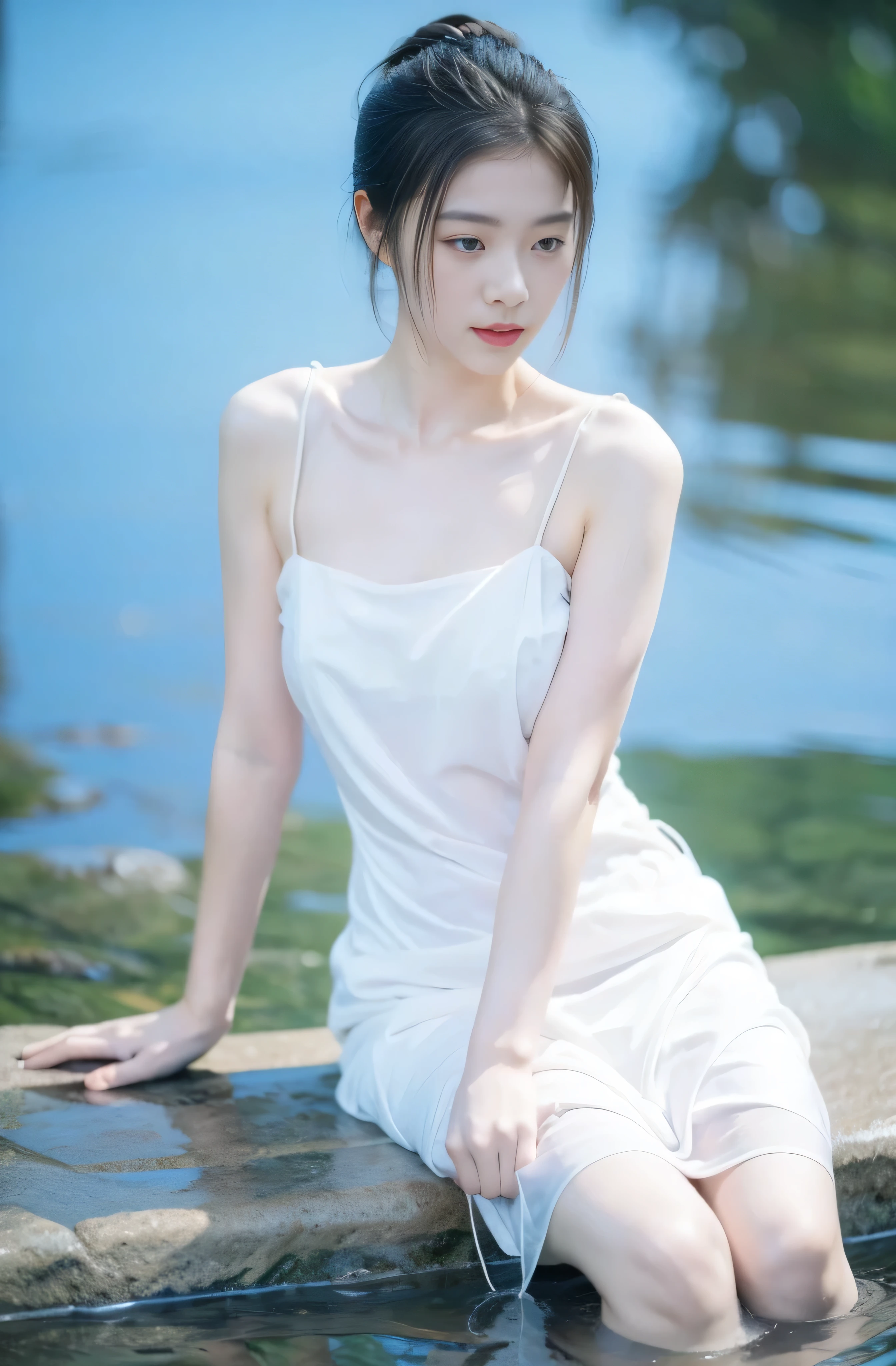 A beautiful woman，Silk dress，Waterside，whole body