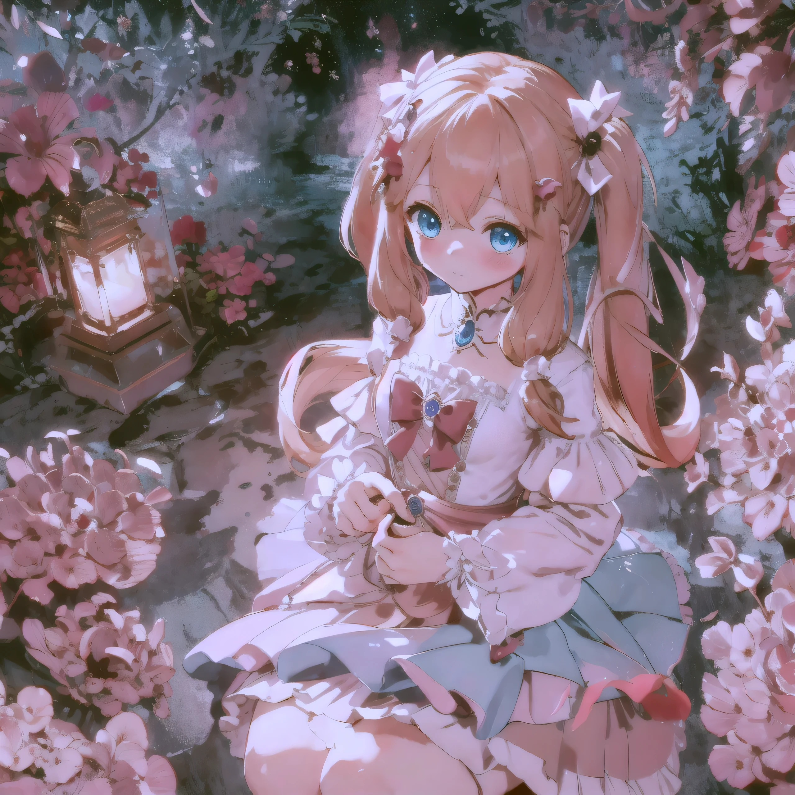 beautiful illustration, best quality, cute petit girl, (transform sequence), transform magical girl, chibi, magical girl, fractal art, albino, babyface,long brown and red twintails, beautiful detailed blue eyes, blush, cinematic lighting, from top, from above, looking away, happy