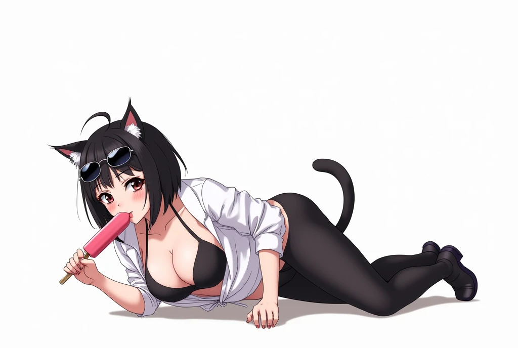 Half body, A beautiful woman, long wavy black hair, brown eyes, cat ears and tail, fangs, horns, sexi, Large Thighs and Buttocks, Medium Breasts, licking an ice cream, Fursona, lying down. with sensual pose  