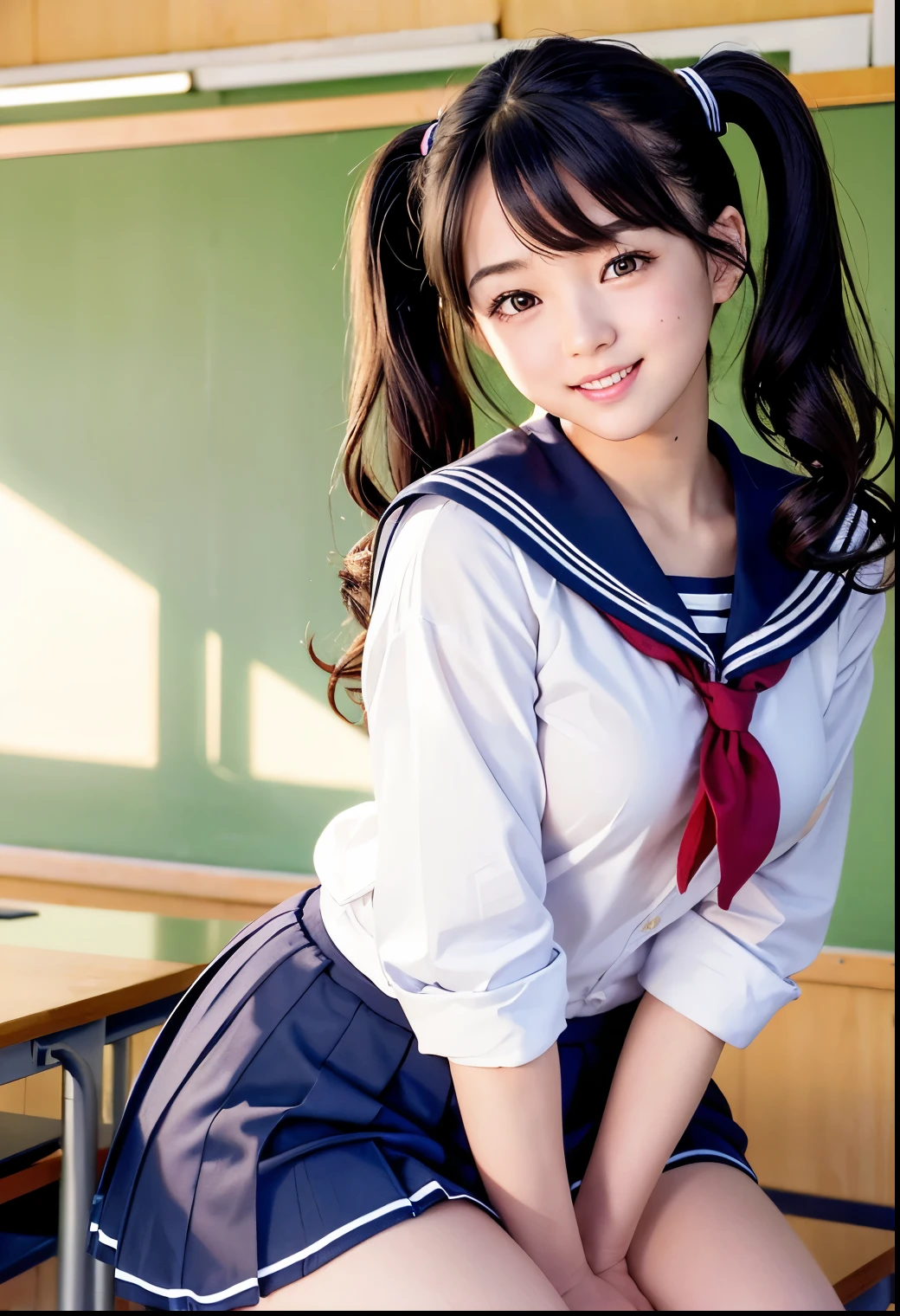 (Best Quality,masterpiece:1.3,Ultra-high resolution),(Very detailed、Caustics) (Realistic:1.4, RAW shooting、)Ultra-Realistic Capture、Very detailed、Natural skin texture、masterpiece、(Japanese girl wearing sailor uniform in high school classroom:1.3)、Hair blowing in the wind、Adorable expression、Expressions of joy、、: 、baby face、Innocent Girl、Amazingly cute、Twin tail hairstyle、Curly Hair、Scrunchie、Black Hair、Very large breasts、Shining thighs、Photo taken in a high school classroom、Background details、smile、Attractive gaze、(Anatomically correct)、Attention to detail、