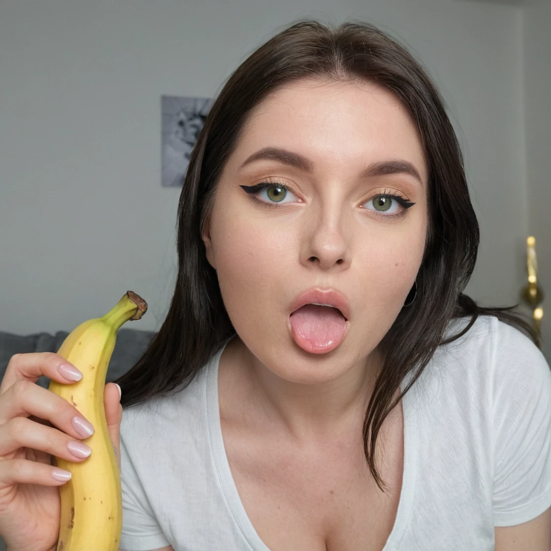 BustyEmaxl, long hair, dark light brown, fair skin, green eyes, thin nose, full lips, thick arched eyebrows, pointed chin. She is 1.75 m tall and weighs 56 kg. She has a generous 90D chest. She is holding with both hands and eating a banana. She is in a relaxed position, her hands wrapped around the banana, savoring every bite. Her eyes capture a curious and cute expression.