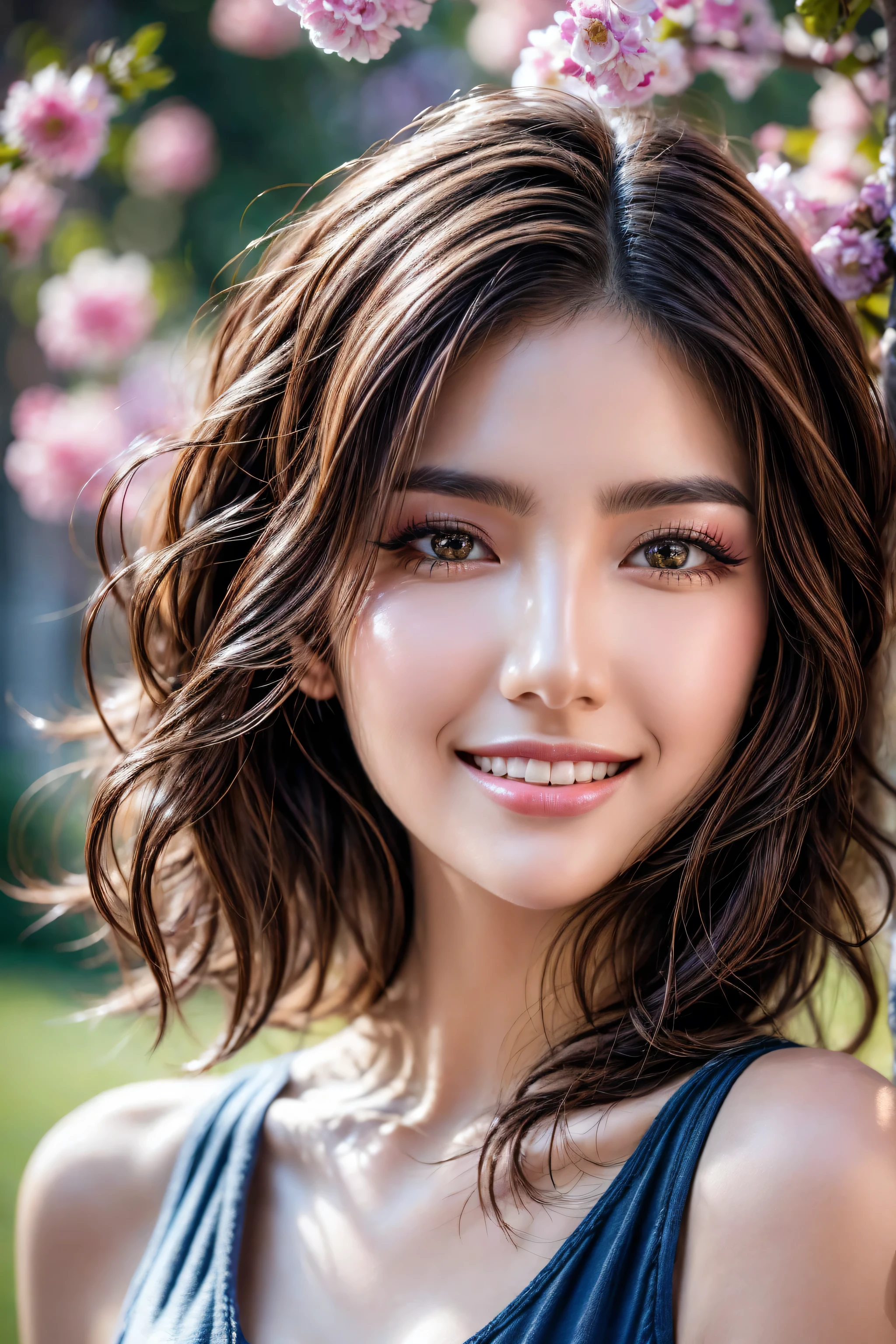 (Photorealistic Realism 16K Quality), Very detailed 8k, masterpiece, (super realistic texture details: velvety skin), (super quality), professional photography, (glamour shot of Japanese woman), UHD, Thin eyebrows, Carefully draw eyelashes, Eyelash extensions, Gal Makeup, realistic dull skin noise, visible skin detail, skin fuzz, dry skin, The attention to detail, satisfaction smile, soft lighting, sharp focus captured by Fujifilm XT3, f 5.6, in a dramatic lighting, (outside,an park full flowers),((sport top, color|rainbow:1.35)), exquisite balance of shadows,perfect composition, look at the viewer,