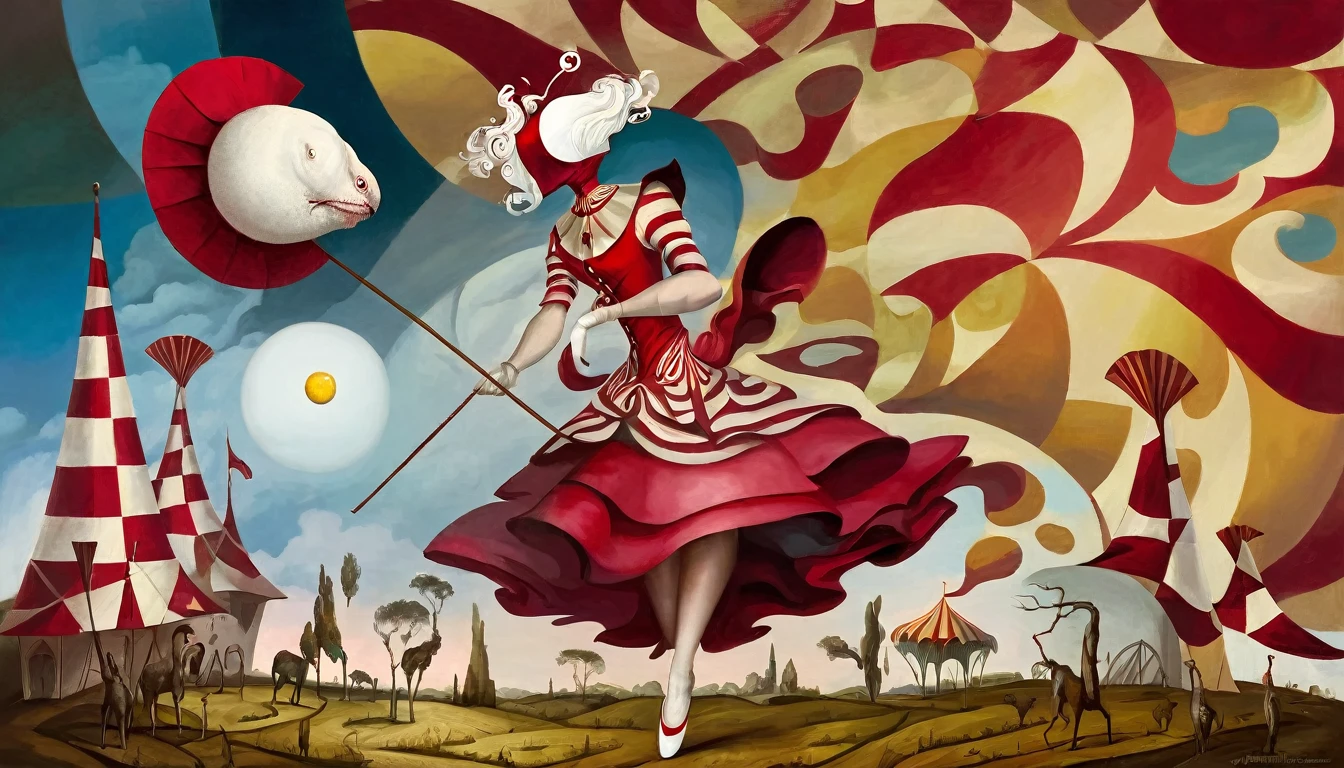 Patchwork by Мириам Шапиро, Simone Martini, Lori Earley, Pablo Picasso, Giuseppe Arcimboldo, oil painting: A tightrope walker walks on thin hair while balancing an umbrella, under the circus dome. Her face is iconic, Smooth, like an egg, from under the hat, red curls stick out like twisted springs, red circus dress with raspberry texture, white slippers on feet. The background is circus like velvet, Spotlight light. surrealism with elements of cubism, bizarre contrast, Intricate details, aesthetic art of surrealism.