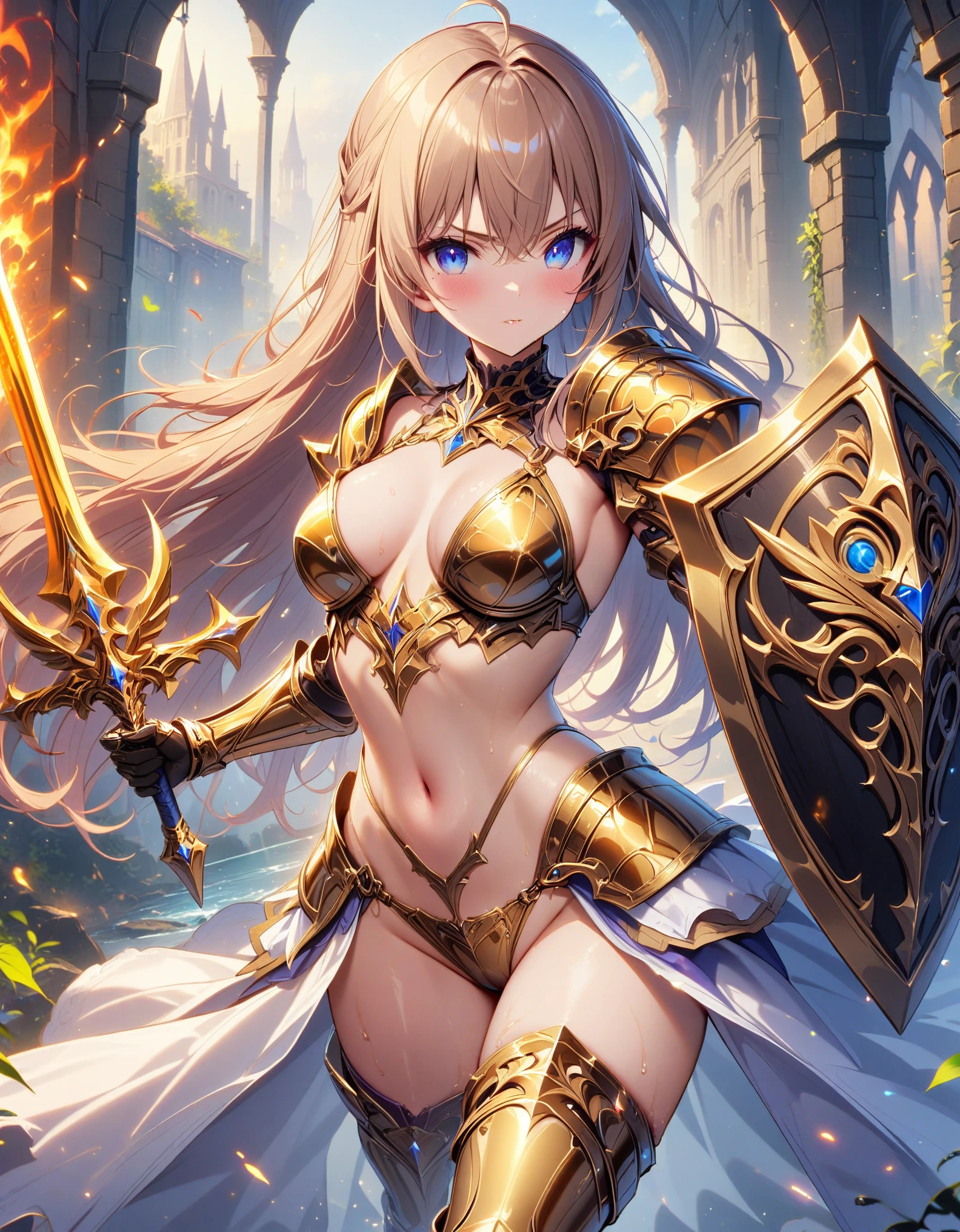 (((Cool female knight)))、(((She wears shiny gold metal bikini armor.)))、Fighting with swords、 Best Quality, masterpiece, Ultra-high resolution、Golden Hair、Long Hair、middle ages、Sexy pose、((Exposed Skasy)、god々Shii、I see a holy aura around my body、((Oily skin))、whole body、Shogun、Circlet