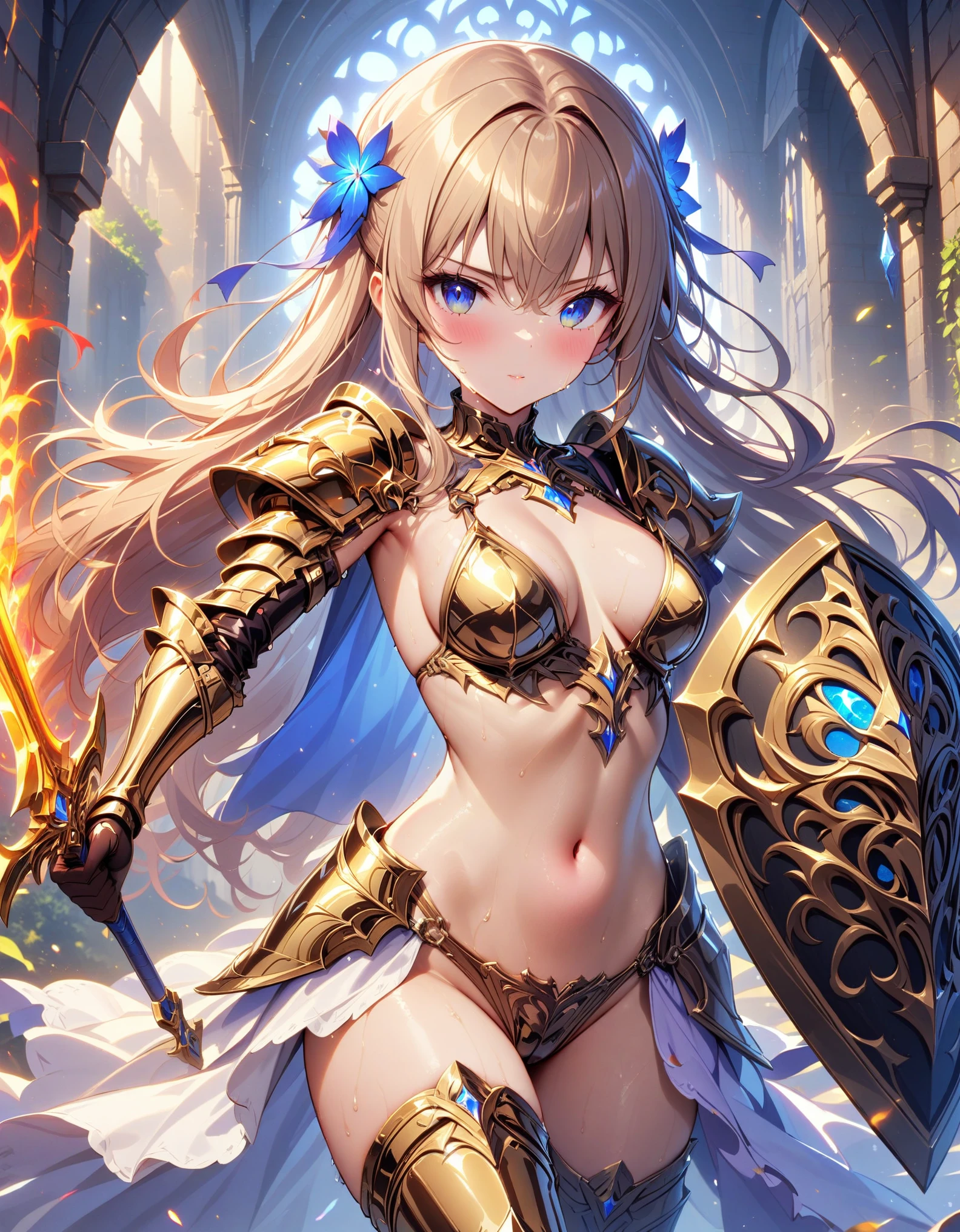 (((Cool female knight)))、(((She wears shiny gold metal bikini armor.)))、Fighting with swords、 Best Quality, masterpiece, Ultra-high resolution、Golden Hair、Long Hair、middle ages、Sexy pose、((Exposed Skasy)、god々Shii、I see a holy aura around my body、((Oily skin))、whole body、Shogun、Circlet