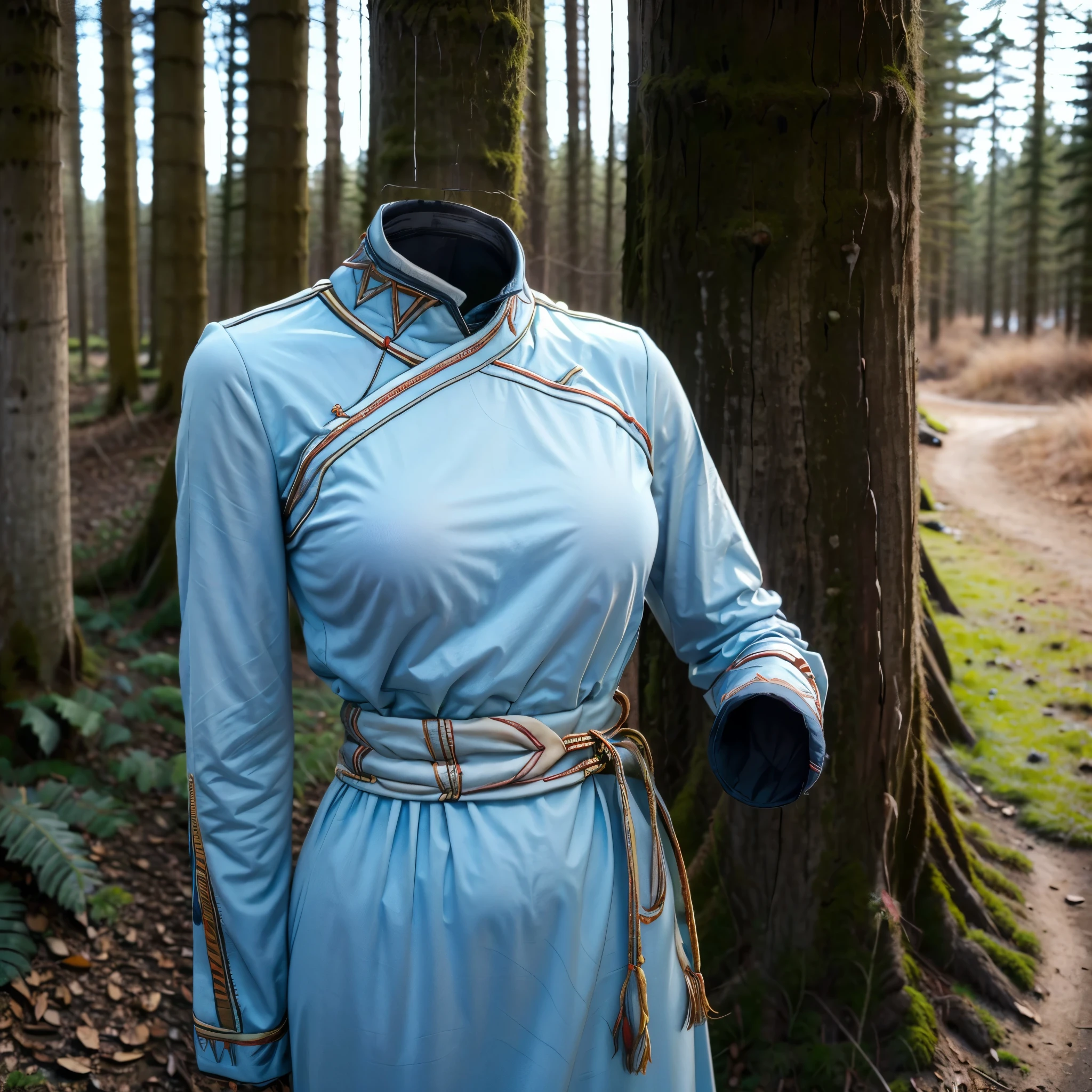 (Best-quality, Masterpiece, Ultra-High-Resolution), (invisible, no humans, headless, faceless:1.5), close-up shot of breasts, blue dress, long sleeves, side slit, (defaultLyn), blue dress, pelvic curtain, sash, brown boots, one girl, alone, in forest