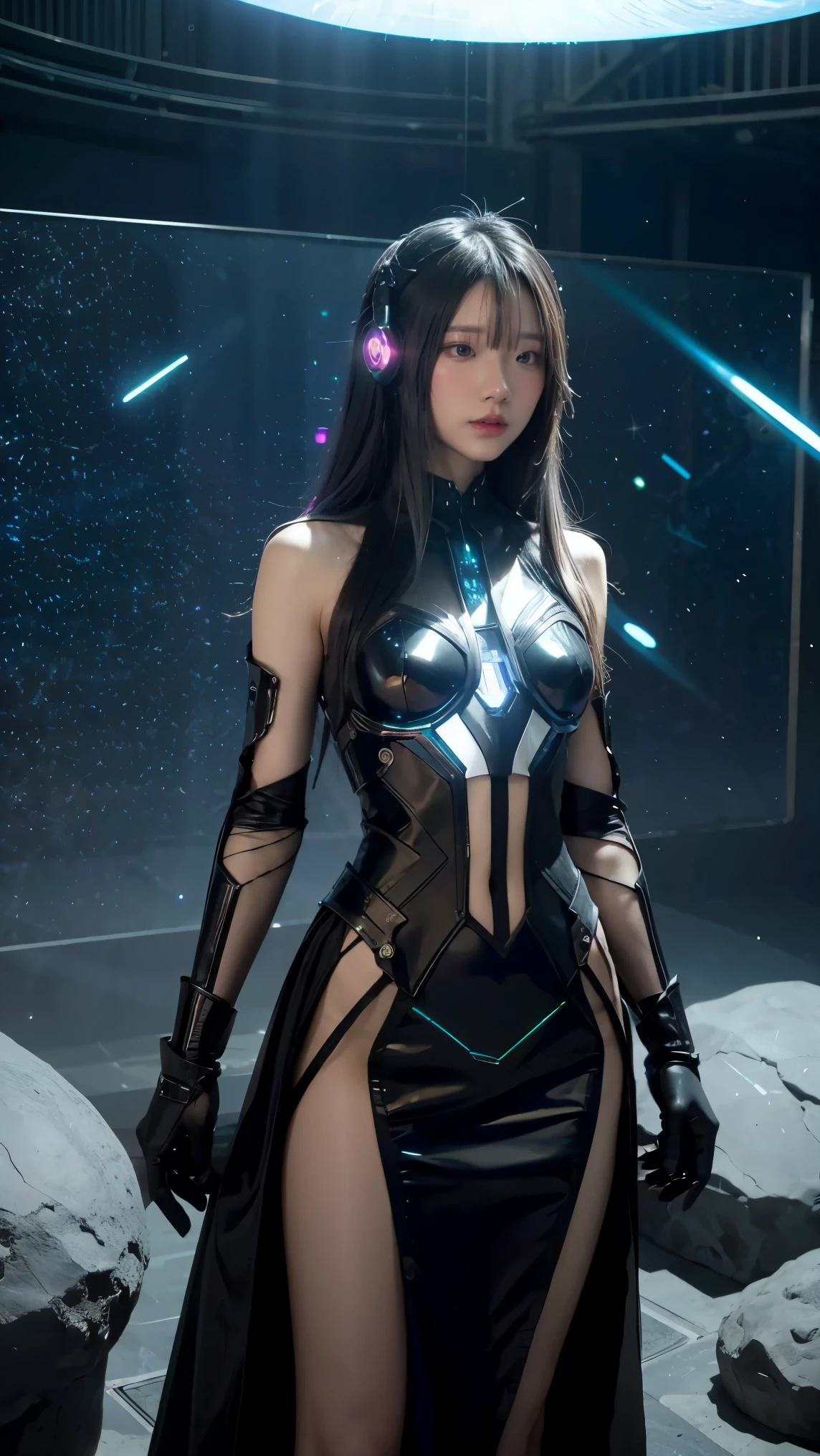studio photo, beautiful woman perfect body half robotic half metal with iridescent black shimmering hair, standing alone, particles in the air, god rays, stars in the background, intricate fractals, detailed, (illustration) fragreality tech, universe, scifi, shattered warped reality , refractions, space time , clock, giga woman, silver glowing hair , strange fantasy image, odd glowing rocks, beautiful, detailed, long flowing hair, medium breasts, great skin texture