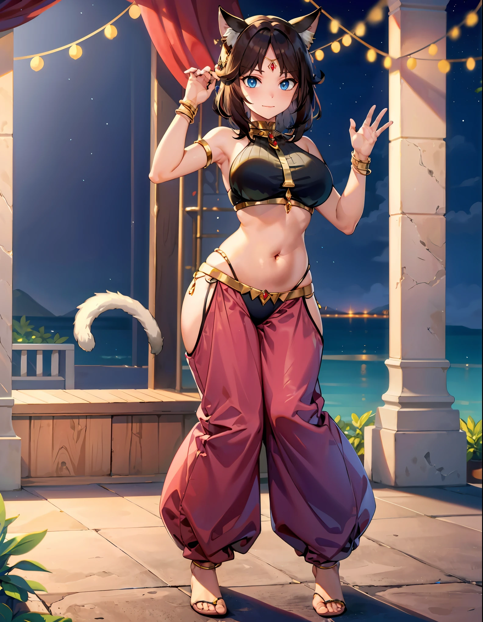 (best quality, ultra-high resolution, depth of field:1.2), (full body shot:1.2), (perfect body:1.2), (big breasts:1.2), (big hips:1.2), (navel:1.2), beautiful face, (pokemon woman), radiant eyes, (blue eyes:1.2), perverted, (black hair), animal ears, (cat ears), (cat tail), (wearing a baggy and high harem belly dance pants:1.2), (bare feet:1.2), (sexy top:1.2), (chest jewelry:1.2), (body full of jewelry:1.2), night time, (multiple points of views), (standing pose:1.2)