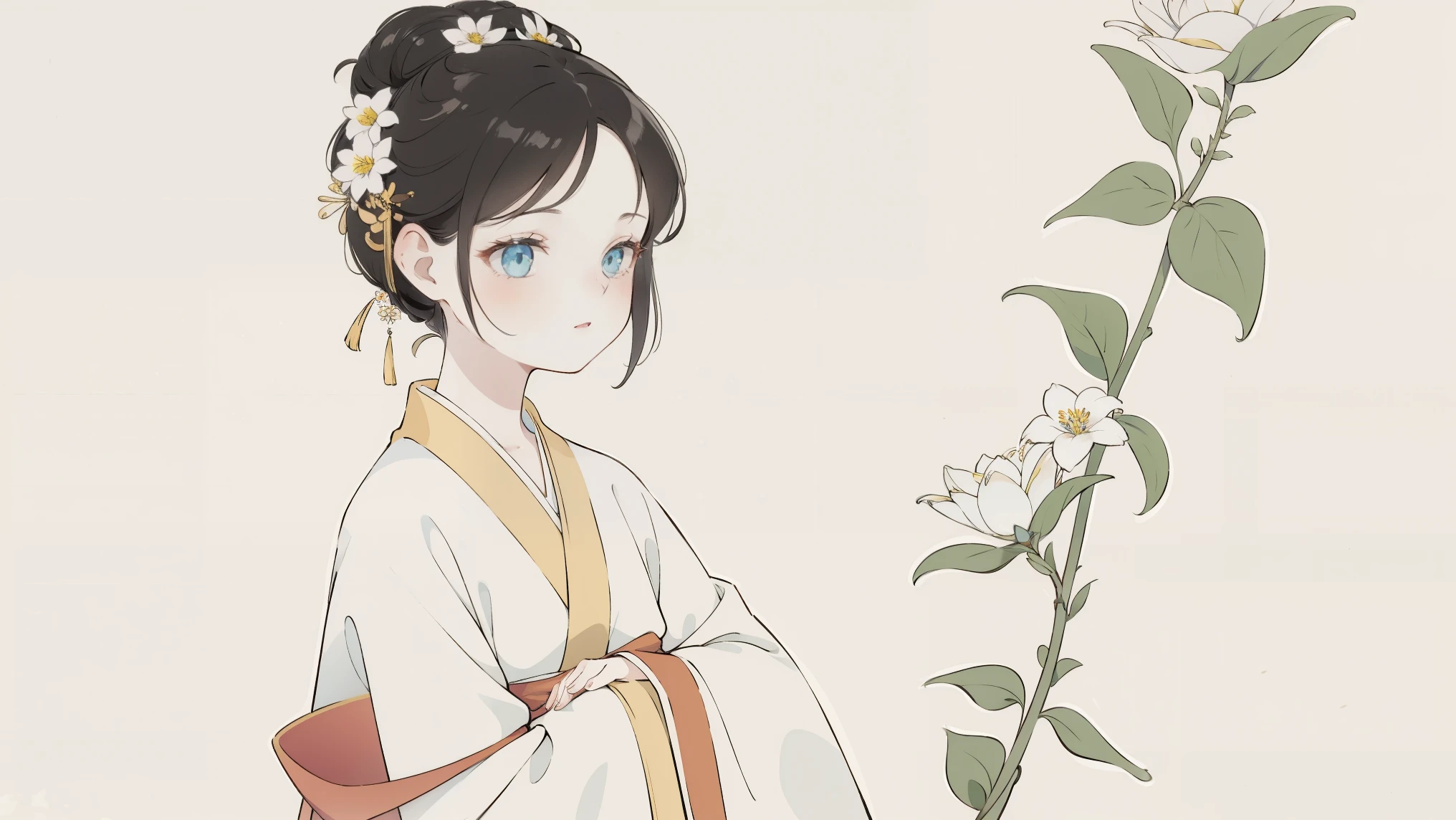 1 Sister, Alone, looking at viewert, face flushed, Background with, black hair color hair, hair adornments, longer sleeves, white backgrounid, everlasting, Full body lesbian, Hanfu, colorful, flowers blooming, hairflower, hair-bun, butterflys, tmasterpiece, recent quality, The finest details, Clear facial features, beautidful eyes
