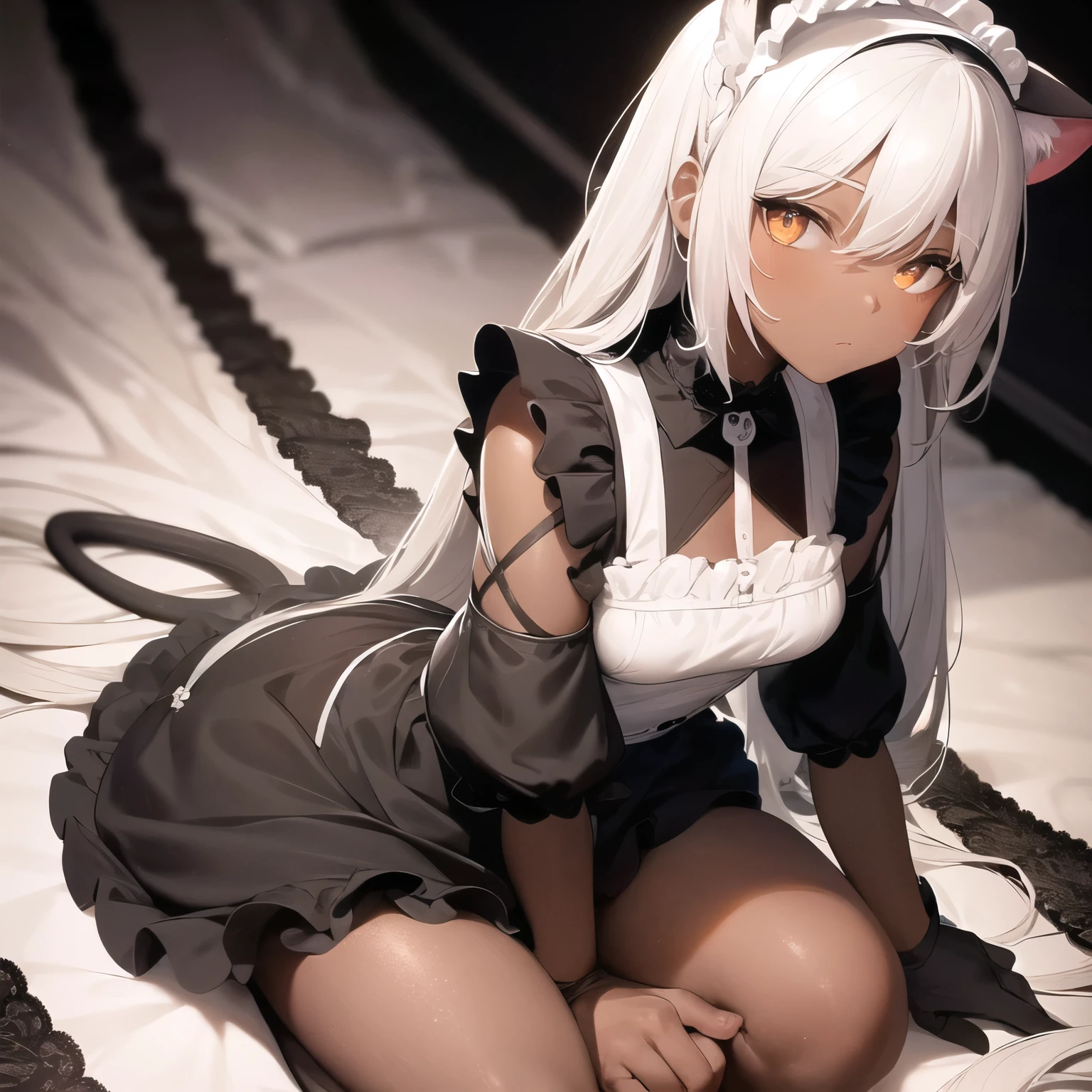 one girl, white cat ears, white hair, naive, aphrodisiac, maid, from above, light blue eyes, blush, lying on bed, pure, nsfw, estrus