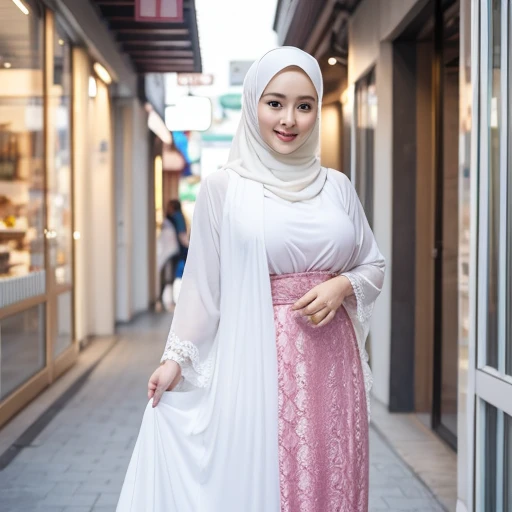 d malay women walking in the afternoon at the street, wearing hijab and baju kurung, smiling, matureyears old,