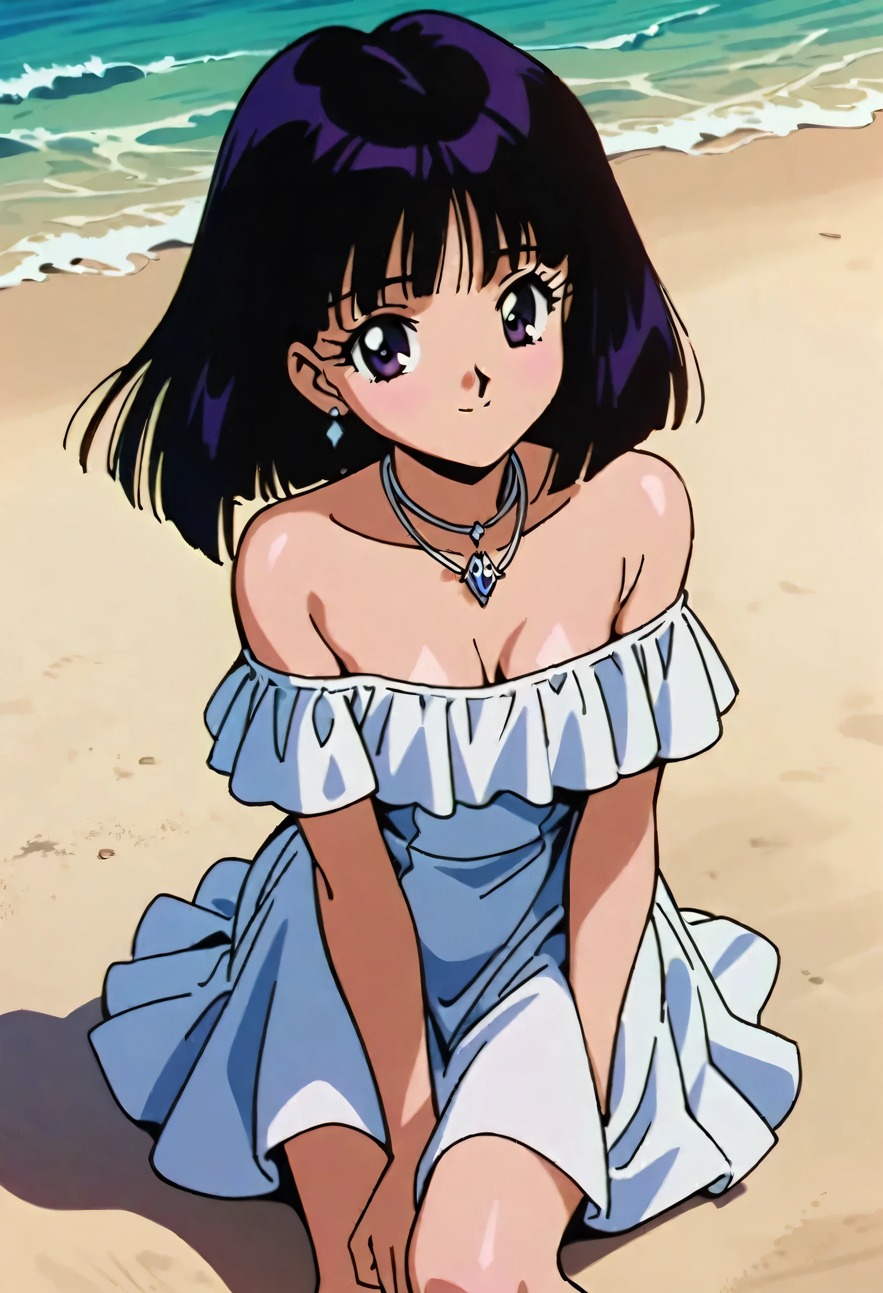 masterpiece, best quality, very aesthetic, absurdres, Sailor Saturn XL, 1990s \(style\), 1girl, solo, short hair, black hair, purple eyes, strapless, white dress, white ruffle off the shoulder top, white maxi skirt, on beach, necklace, light smile, cowboy shot,