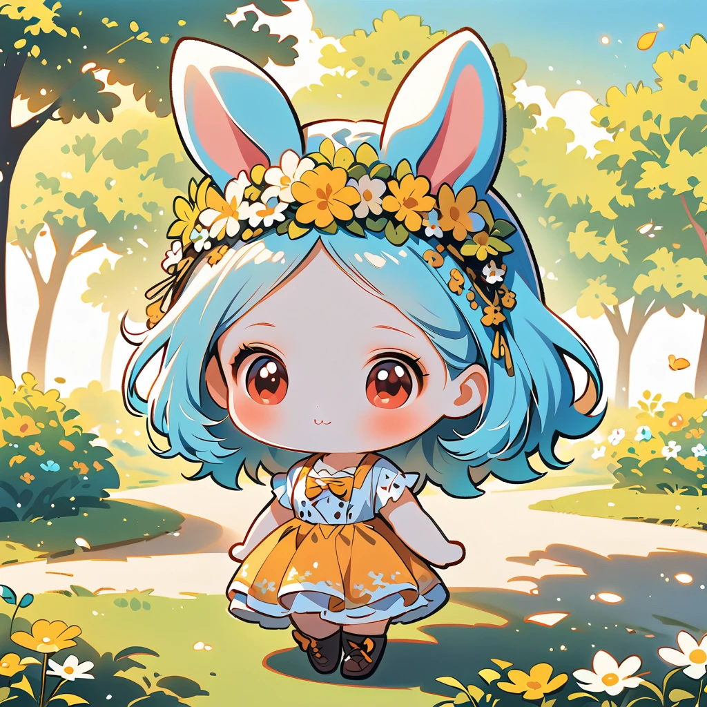 A rabbit-like person, Cute rabbit woman, Lonely, small, Transform, Two heads, Full body image, Focus on the ears, Forest and spring background, Hand-drawn illustration.