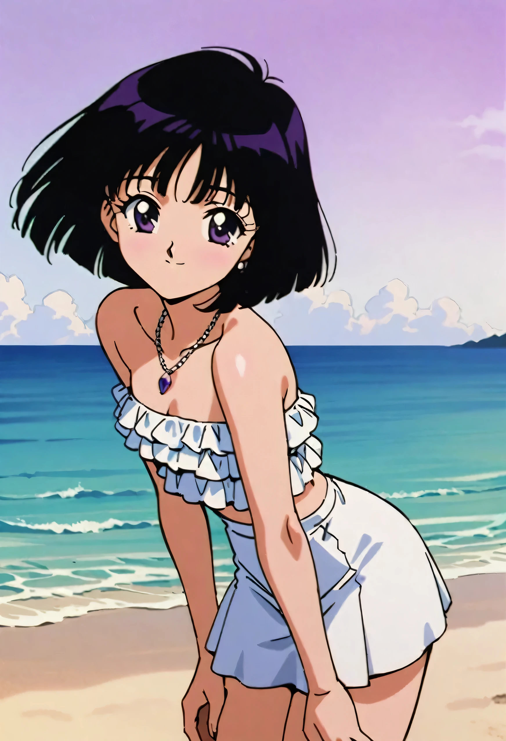 masterpiece, best quality, very aesthetic, absurdres, Sailor Saturn XL, 1990s \(style\), 1girl, solo, short hair, black hair, purple eyes, strapless, white dress, white ruffle off the shoulder top, white maxi skirt, on beach, necklace, light smile, cowboy shot,