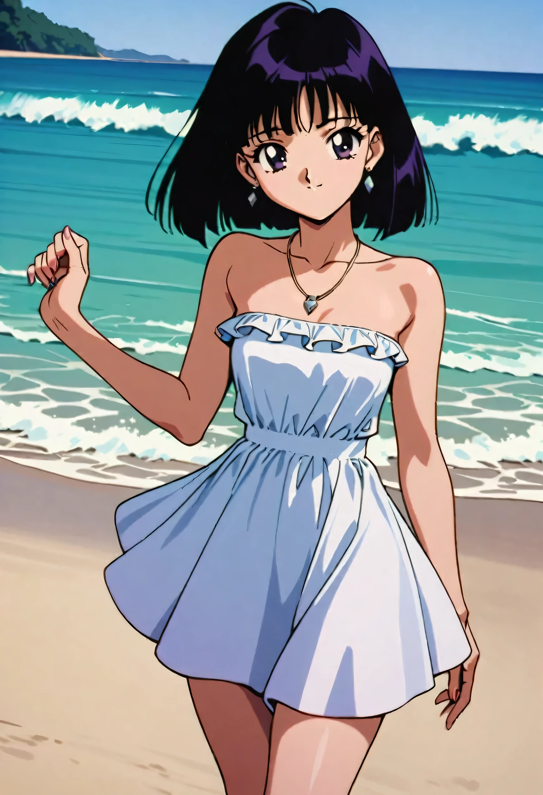 masterpiece, best quality, very aesthetic, absurdres, Sailor Saturn XL, 1990s \(style\), 1girl, solo, short hair, black hair, purple eyes, strapless, white dress, white ruffle off the shoulder top, white maxi skirt, on beach, necklace, light smile, cowboy shot, Standing up, looking at viewers