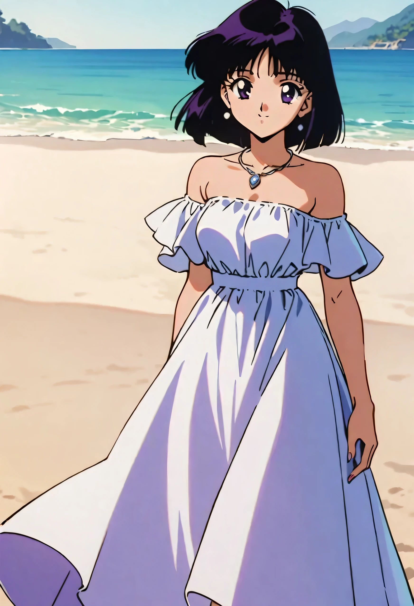 masterpiece, best quality, very aesthetic, absurdres, Sailor Saturn XL, 1990s \(style\), 1girl, solo, short hair, black hair, purple eyes, strapless, white dress, white ruffle off the shoulder top, white long maxi skirt, on beach, necklace, light smile, cowboy shot, Standing up, looking at viewers