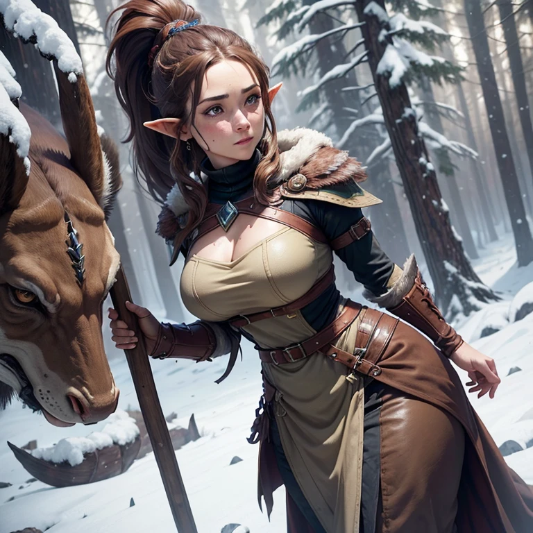 Archer Girl, Bow and arrow, Genitals, NSFW, gotik, art deco, seductive, Mesmerizing, snowy mountains, saturated colors, Intrusive atmosphere, ethereal glow, Supernatural forces, Long flowing hair, dramatic  lighting, intricate tattoos, Elf's ears, provocative pose, mystical aura, Mysterious charm, intense gaze.