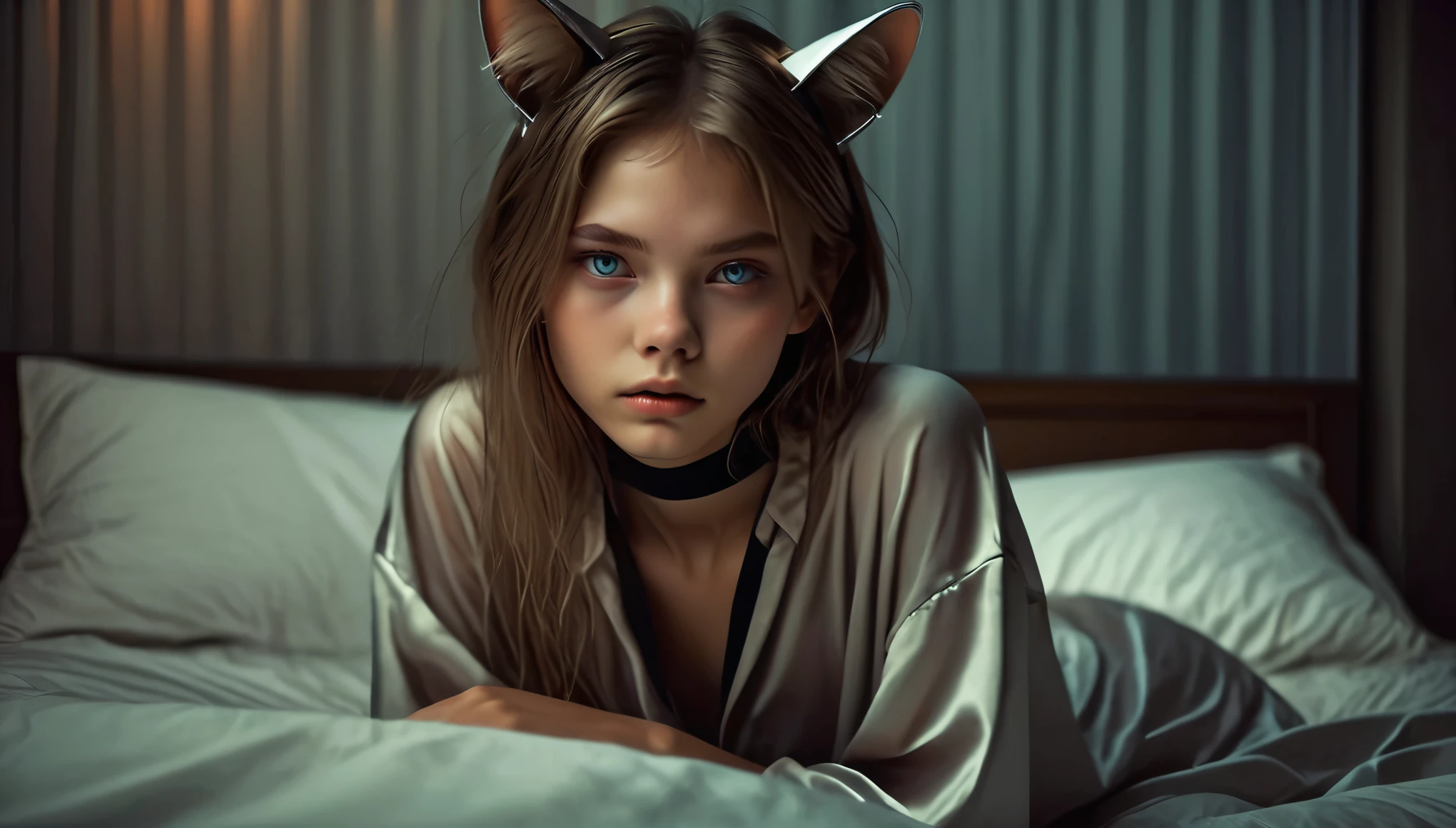 ((barely legal girl, with cat ears and choker, in an oversized thin shiny shirt with plunging cleavage, short sleeves, small perky breasts, beautiful detailed eyes, beautiful detailed lips, small closed mouth, extremely detailed face, pale skin, random long hairstyle, small hips, lying on a bed with silk sheets, fear on the face)), moody atmosphere, dramatic and random colors, futuristic setting, intricate details, night, backlight, full body shot, view from a distance, random pose