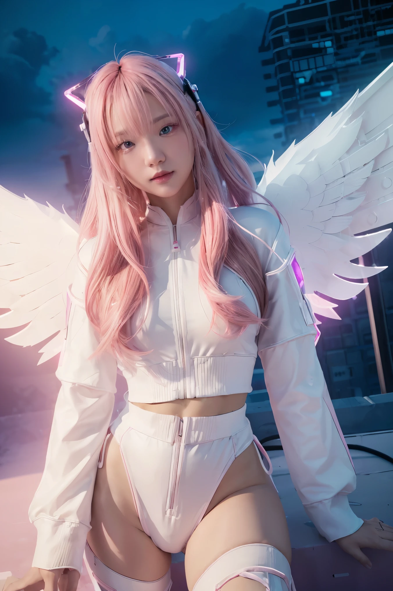 ((masterpiece, best quality, extremely detailed), volumetric lighting, ambient occlusion, colorful, glowing),
1girl, solo, young girl, (pink hair), long hair, halo, aura, sacred, godness, cyber suit, (white outfit:1.3), android, bot, angel wings,
outdoors, sunset, sky, clouds, space, (cyberpunk theme:1.2),