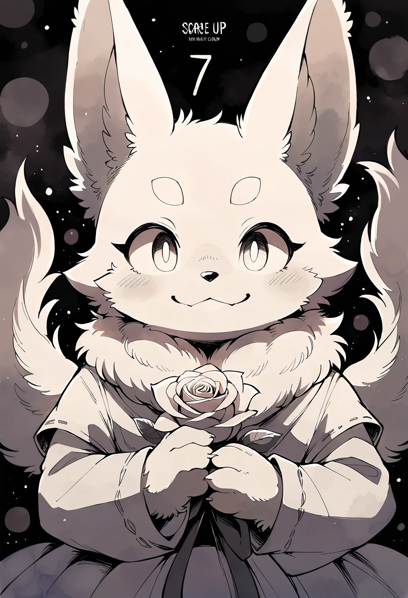 rating_safe, score_9, score_8_up, score_7_up, score_6_up, score_5_up, score_4_up, hires, monochrome, watercolor, cover page, absurdres, perfect anatomy(1girl, kemono, furry, detailed body fur, animal face, animal hand)Archaic Smile, holding a cluster of orange Rose in both hands, which are positioned at chest level, She is wearing a simple ring on the ring finger of her left hand, unfocused spread of orange rose,