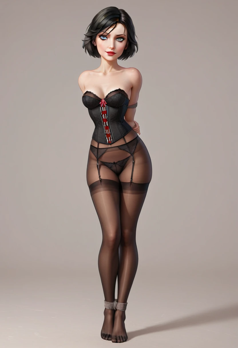 1girl, Elizabeth, bioshock infinite, 5 toes perfectly drawn, tied ankle together,tied arms behind back, Focus full body, (( with no shoes))), wide hips, perfectly drawn hands, sexy smirk, red lips, black hair, short hair, blue eyes, black lingerie, garter, garter belt, pantyhose, intricately laced white corset, with black bone casing, giving her an hourglass-shaped waist. intricate detail, very detailed, masterpiece quality, ultra HD, 4K, best quality,